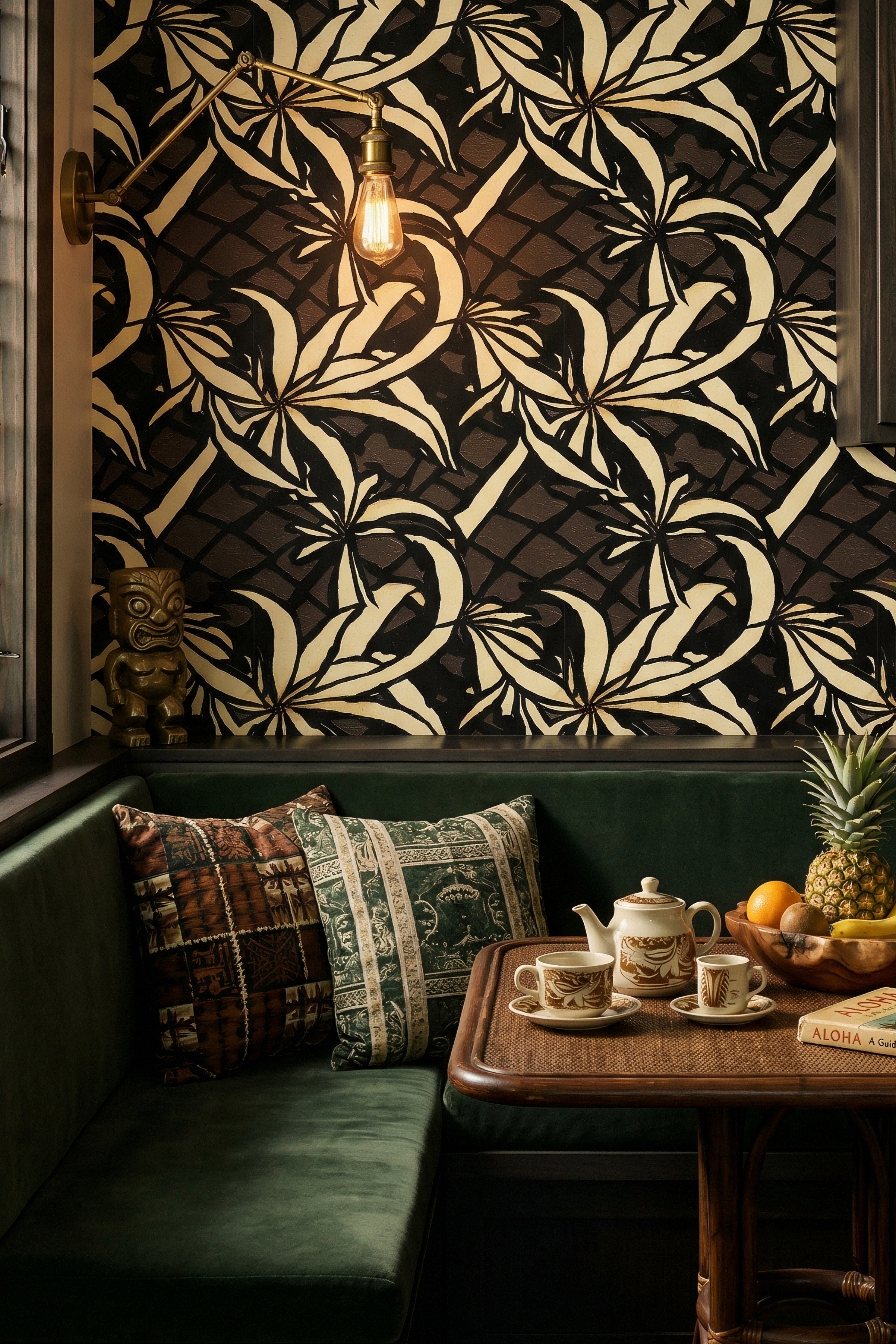 Aloha After Dark wallpaper shown in a cozy nook