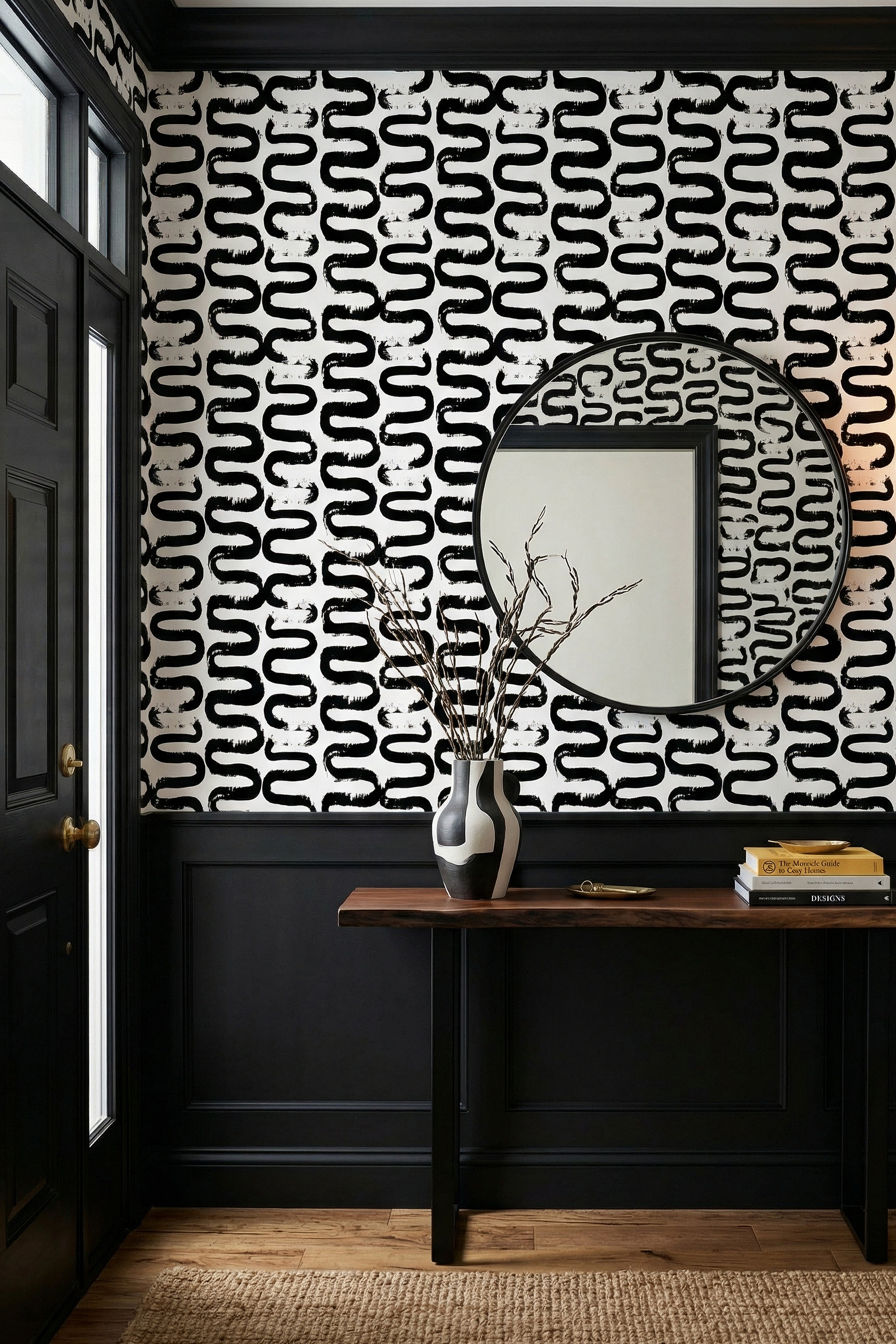 Squiggle wallpaper shown in an entryway