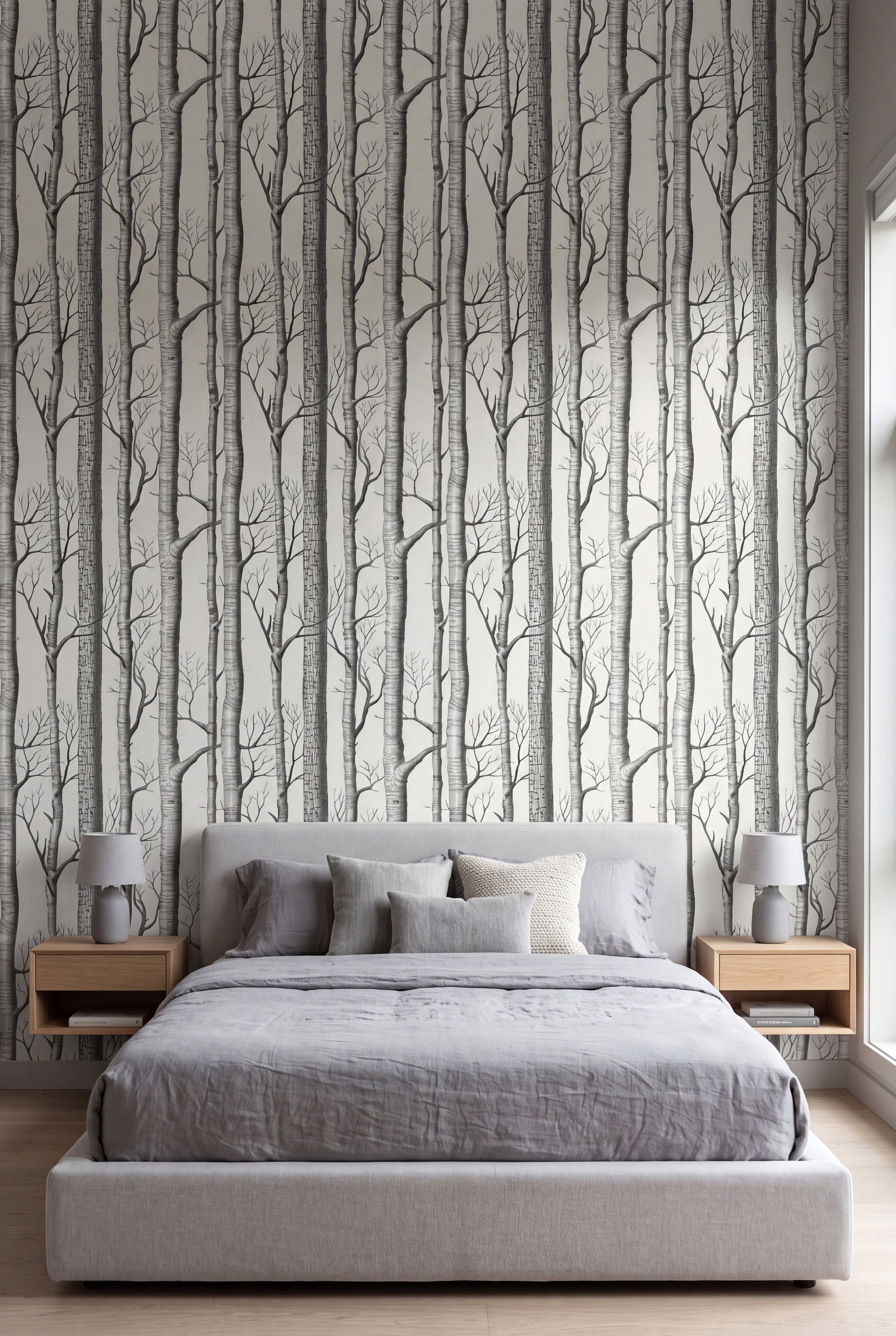 Birch Grove wallpaper shown in a bedroom
