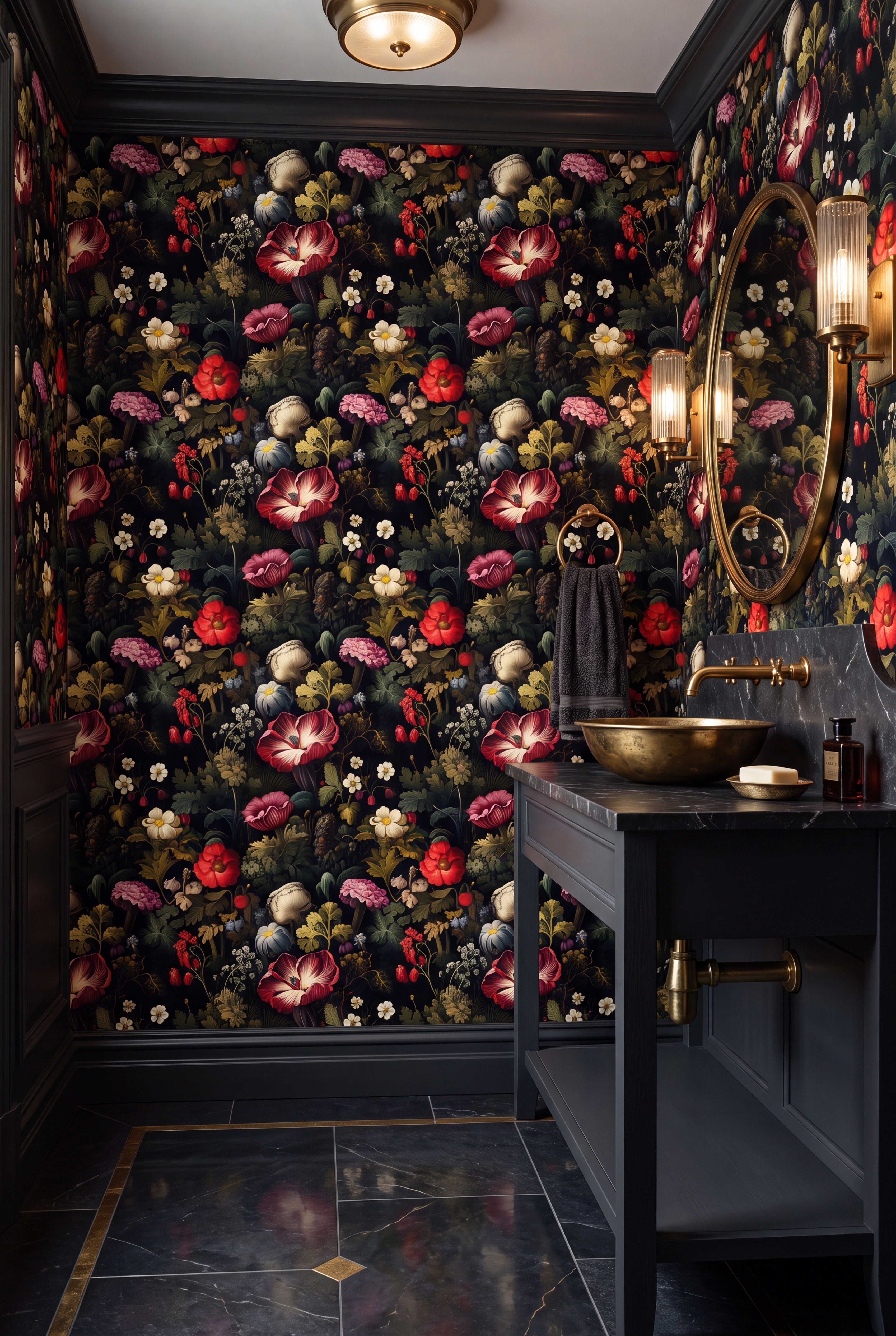 Amsterdam Dusk wallpaper shown in a powder room