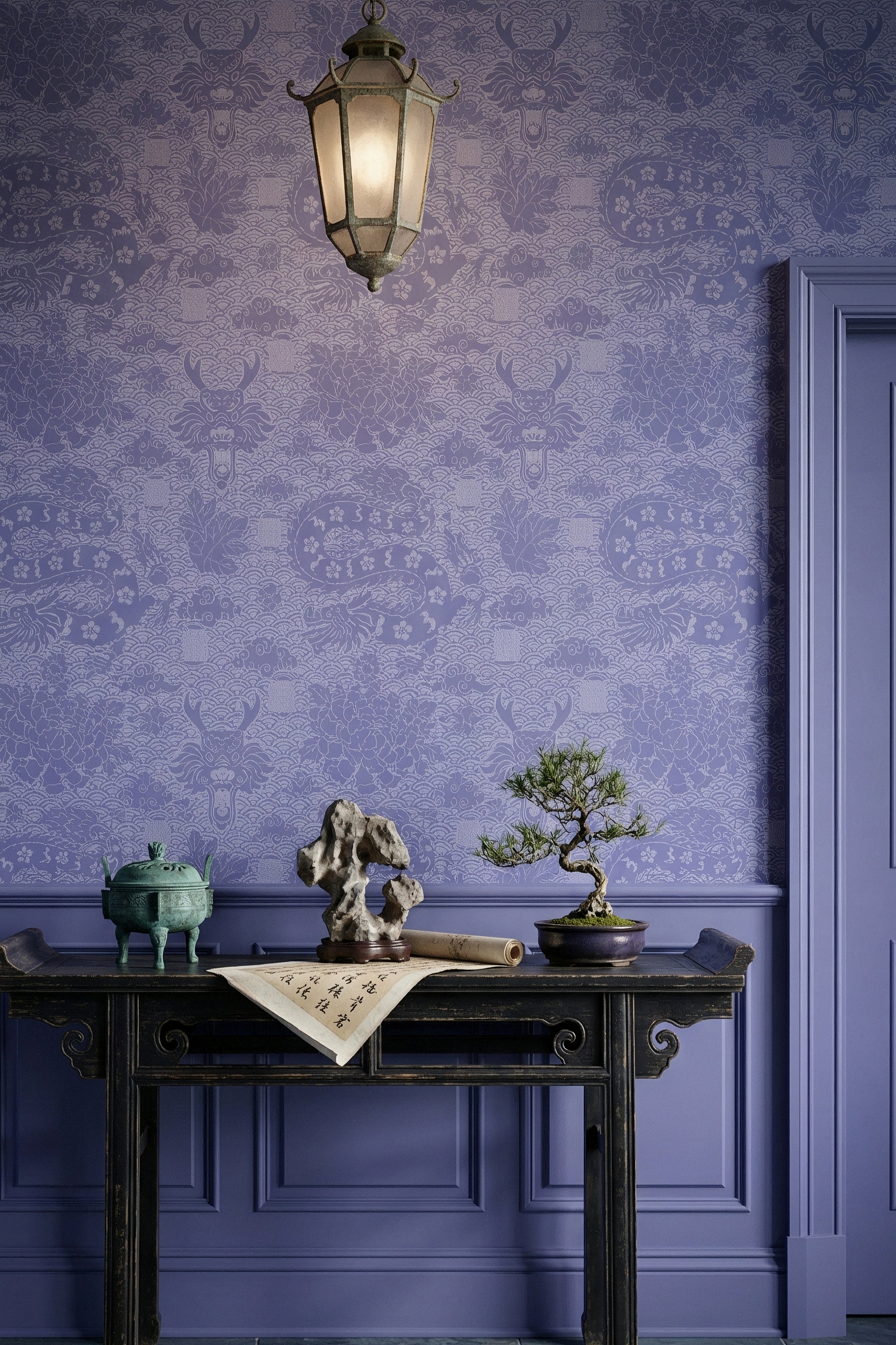 Violet Dragon wallpaper shown in an entryway