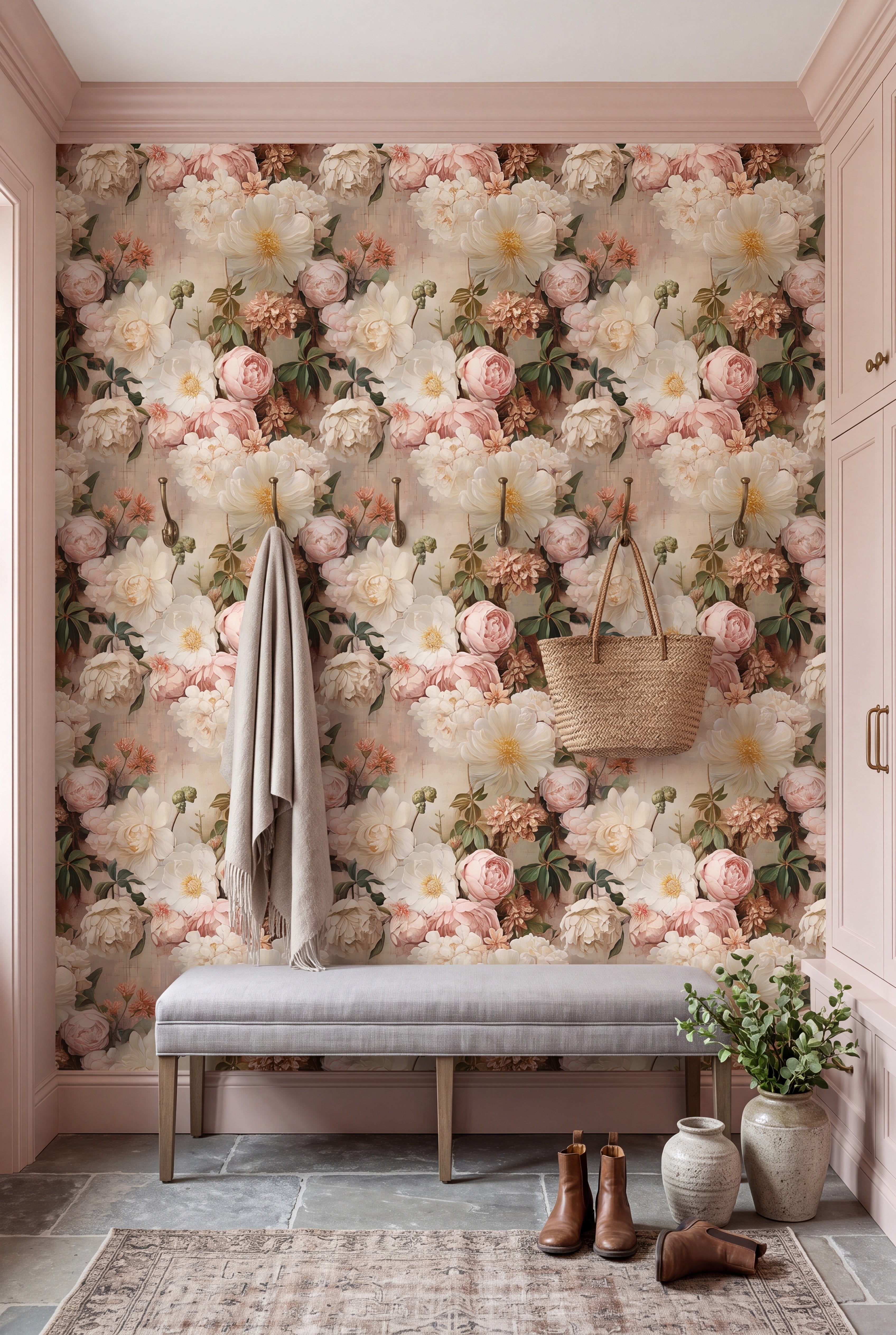 Secret Garden wallpaper shown in a mudroom