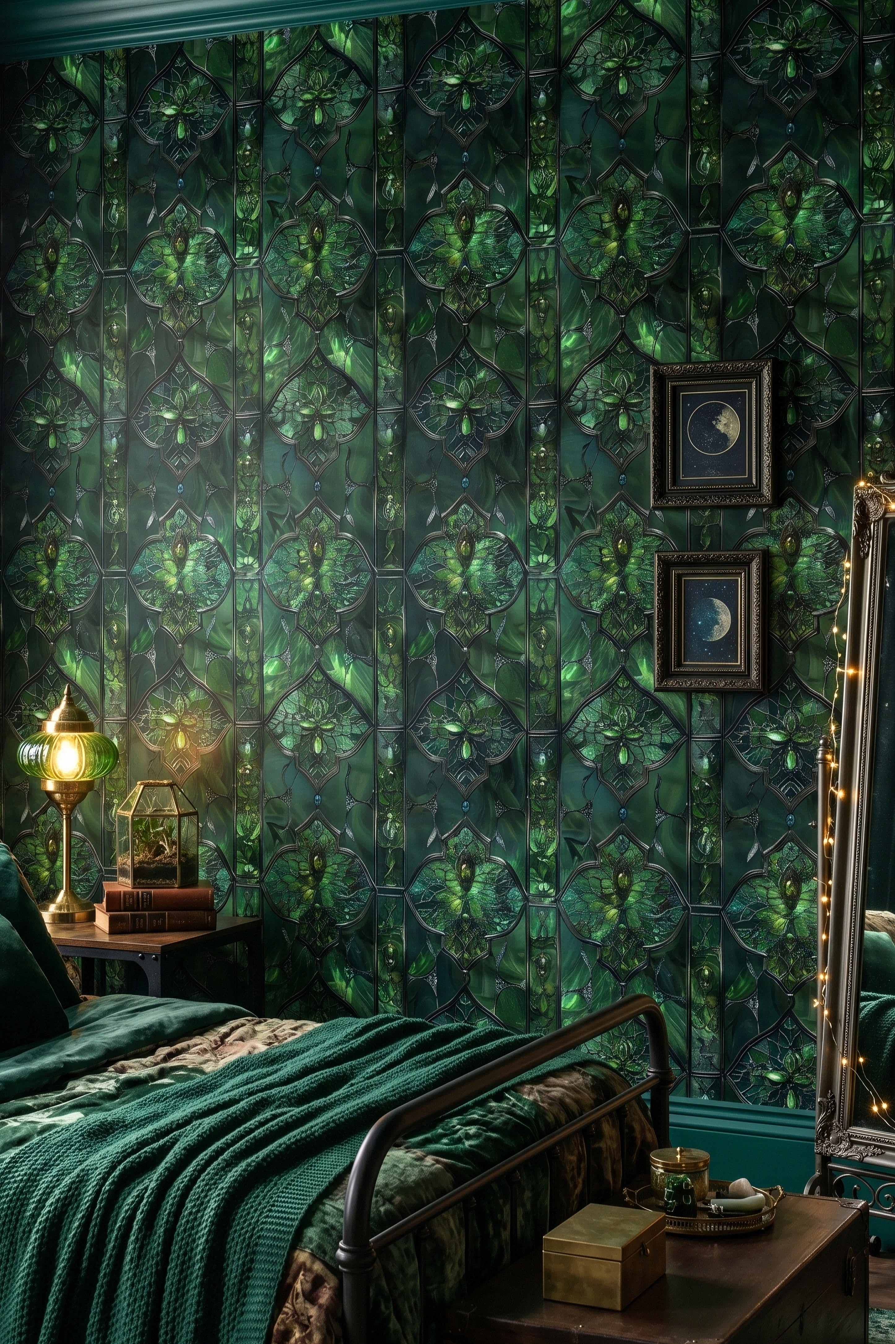 Emerald Chapel wallpaper shown in a bedroom