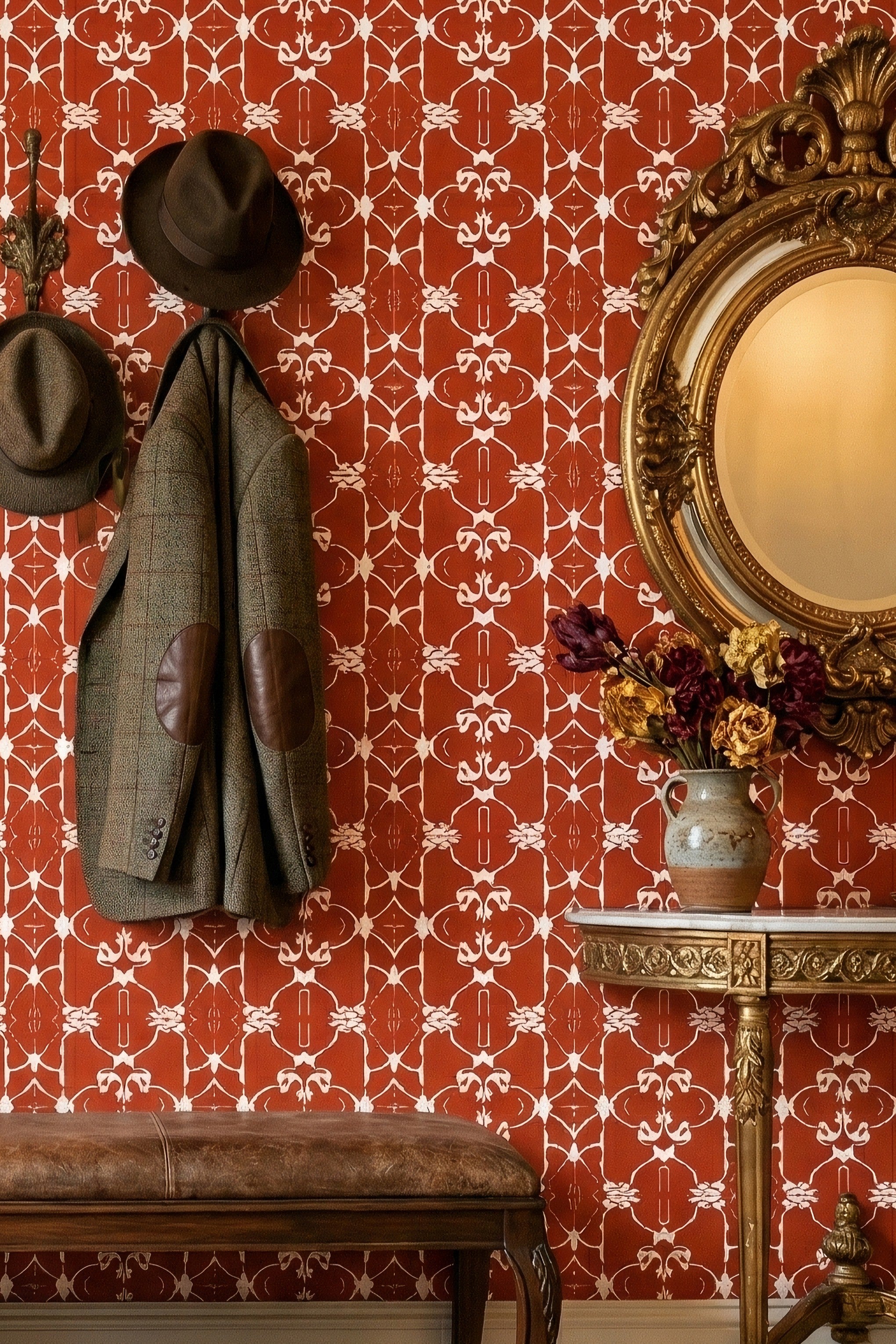 Tuscan Scroll wallpaper shown in a mudroom