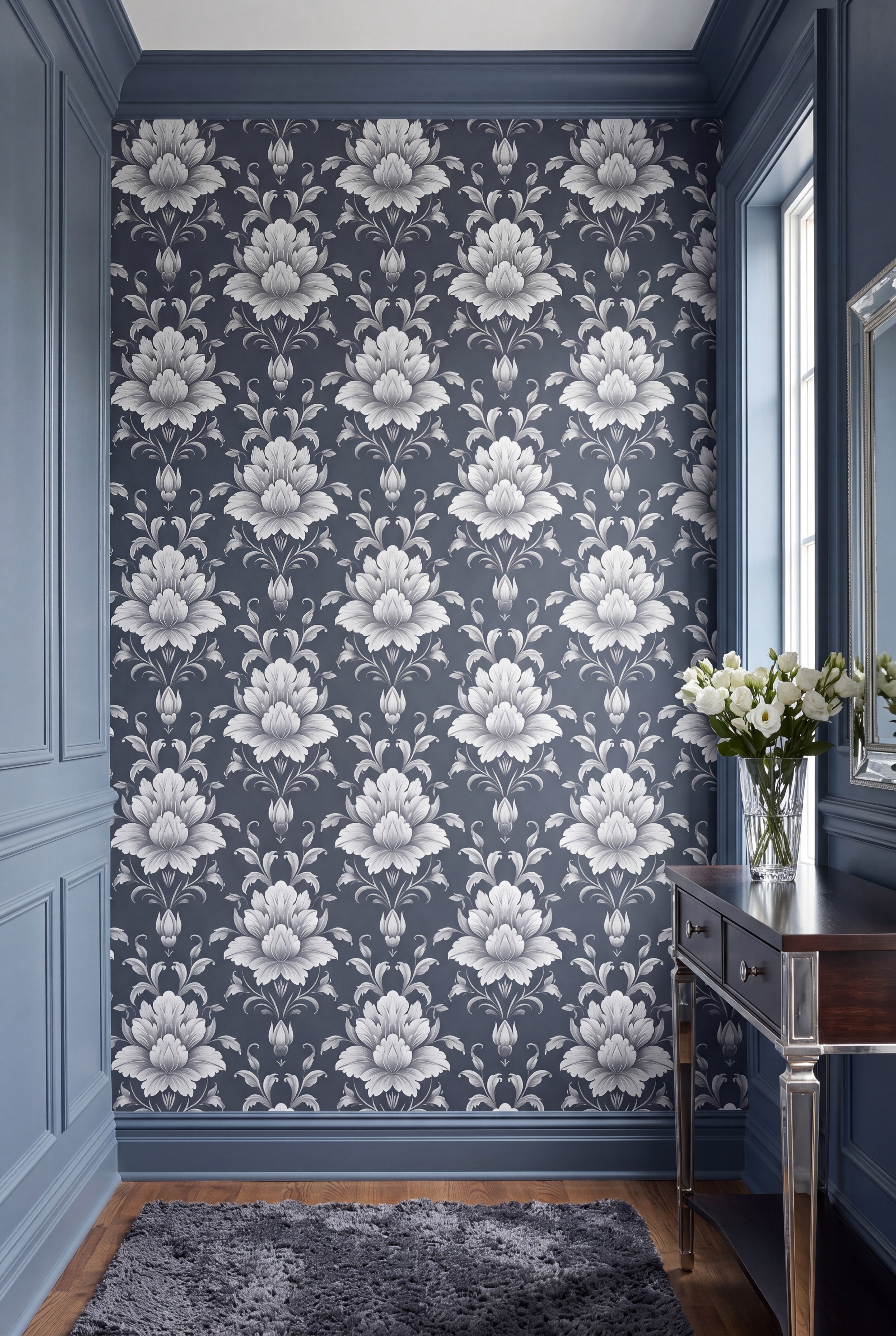 Sterling Damask wallpaper shown in an entryway