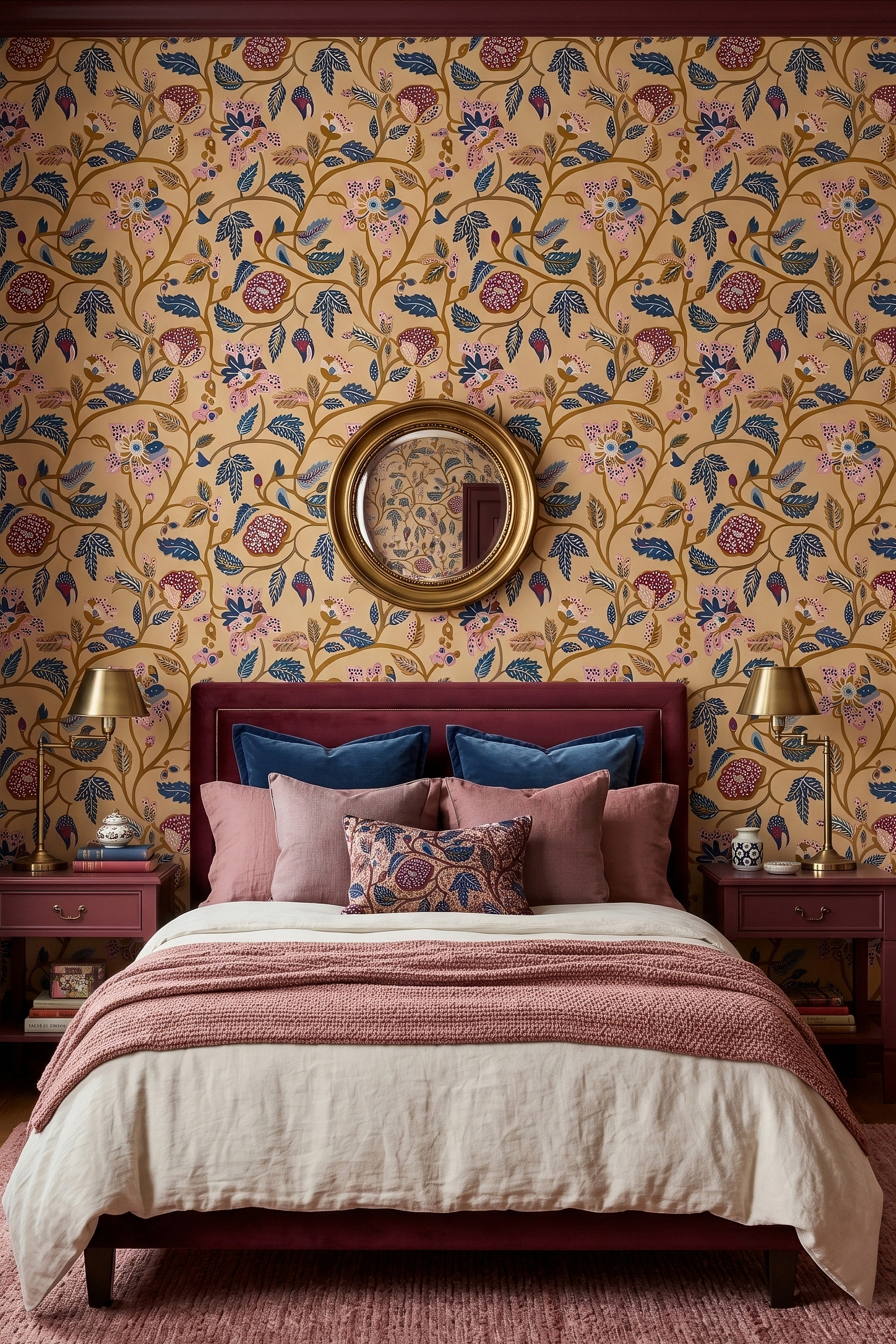 Cottage Folk wallpaper shown in a bedroom