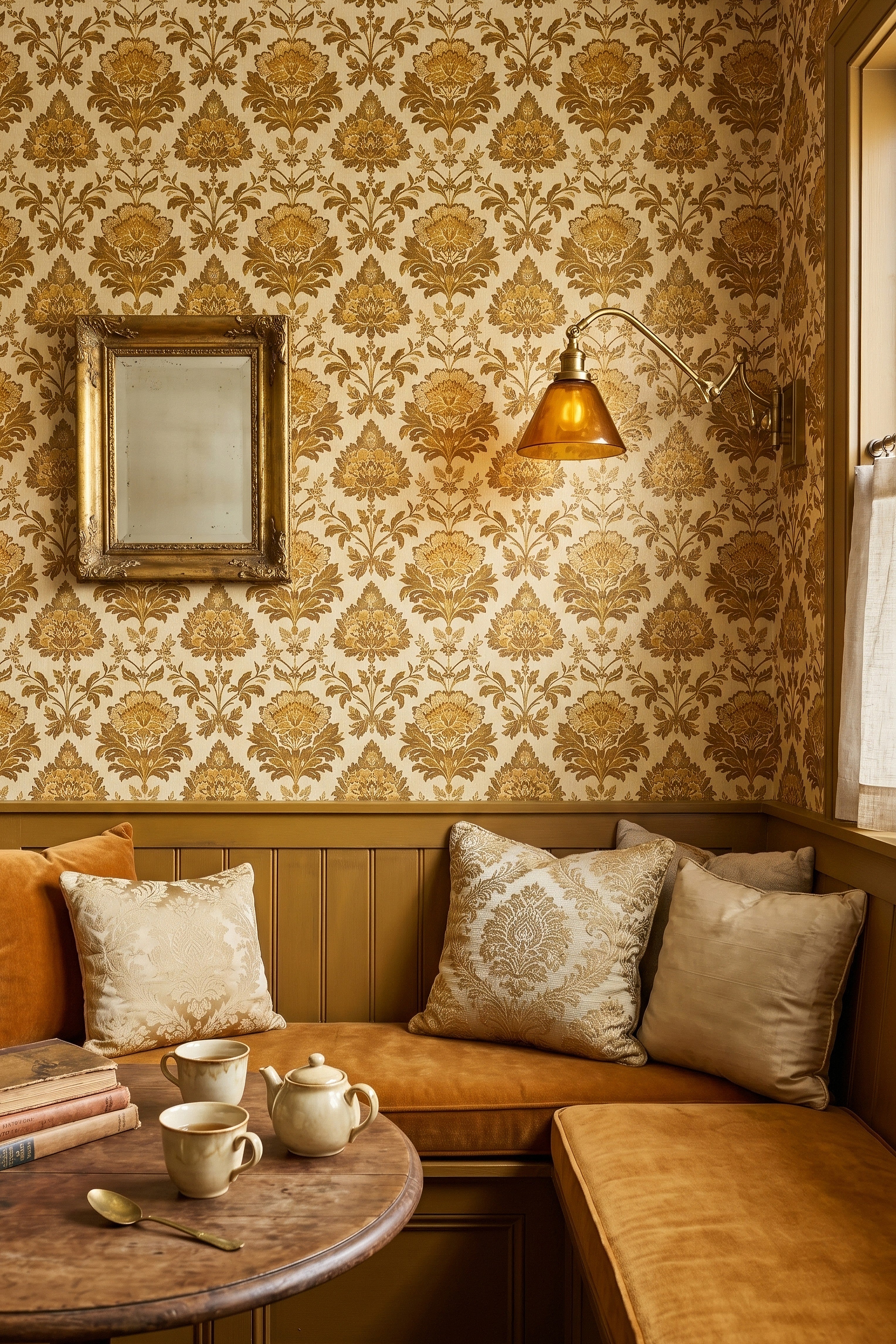Gilded Damask wallpaper shown in a kitchen nook