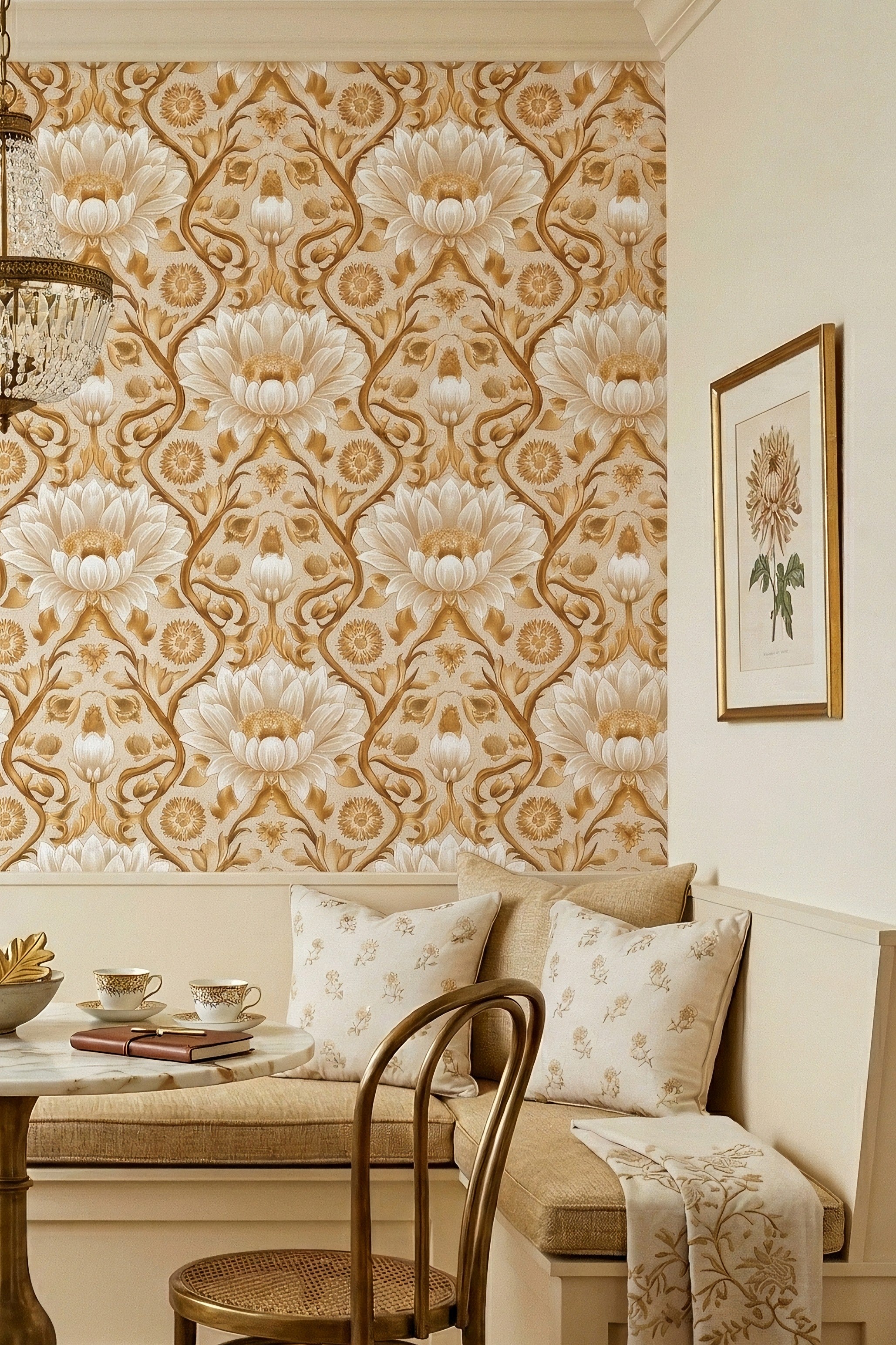 Golden Lotus wallpaper shown in a cozy nook