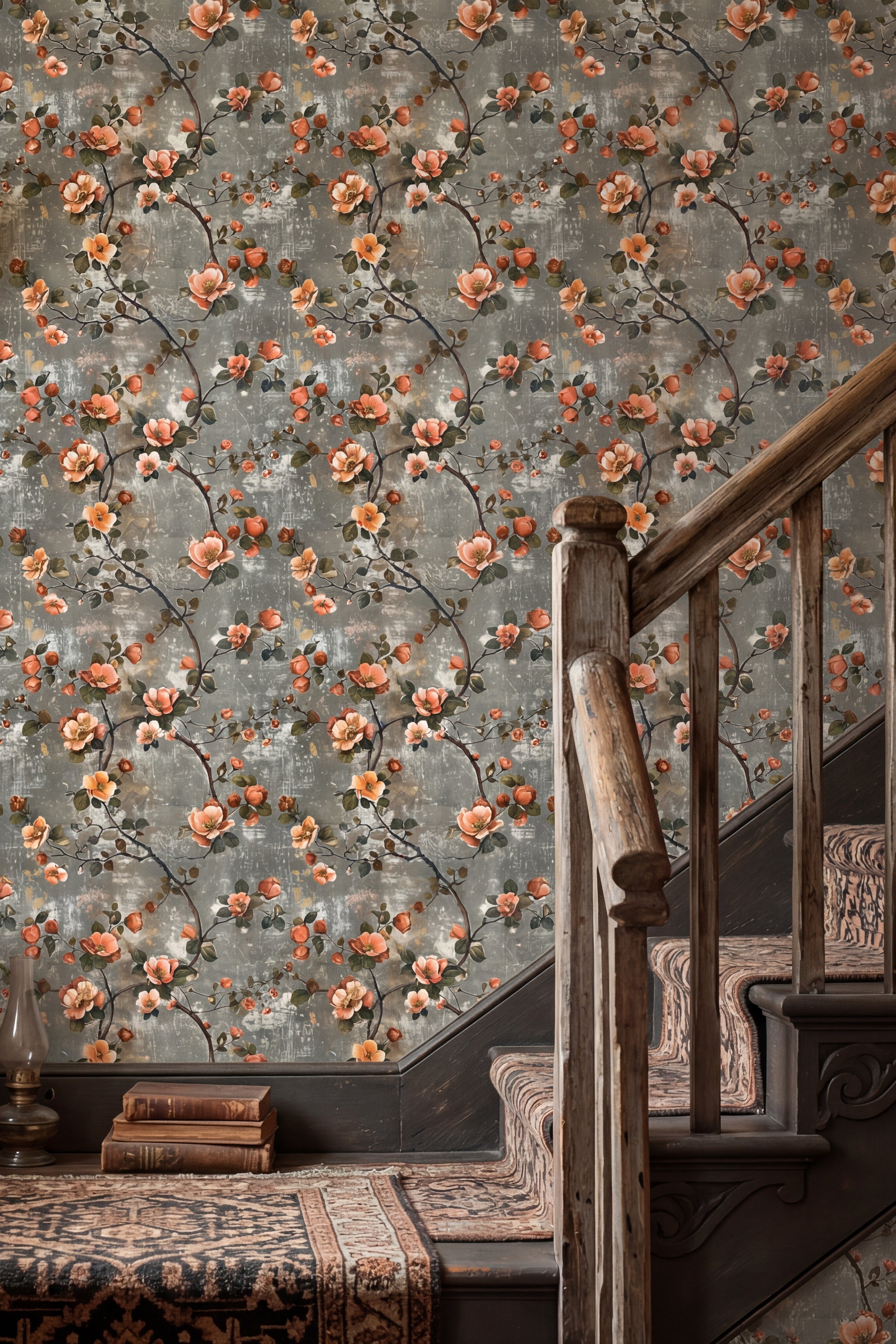 Coral & Ash wallpaper shown in a stairway