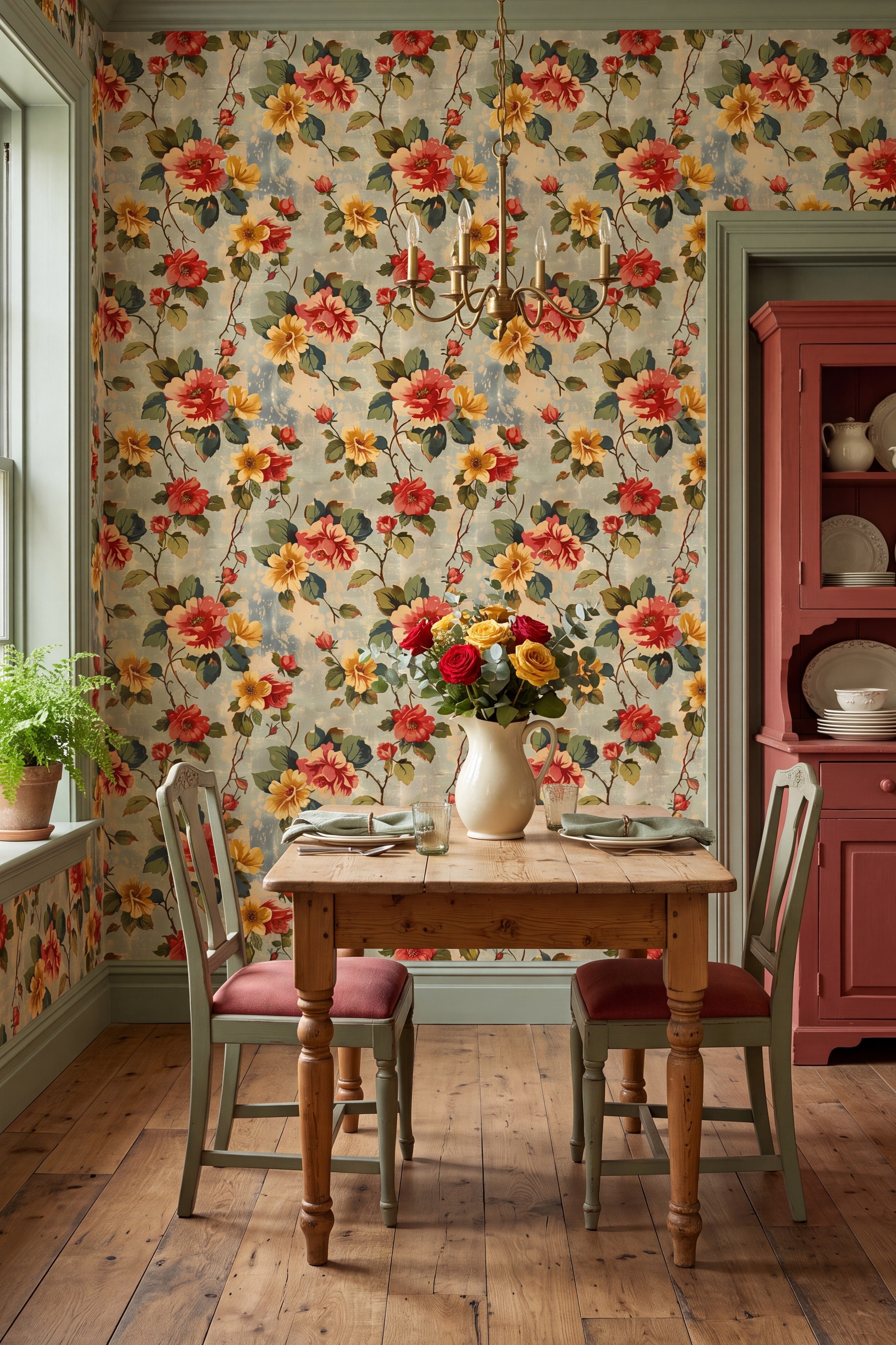 Retro Posy wallpaper shown in a dining room