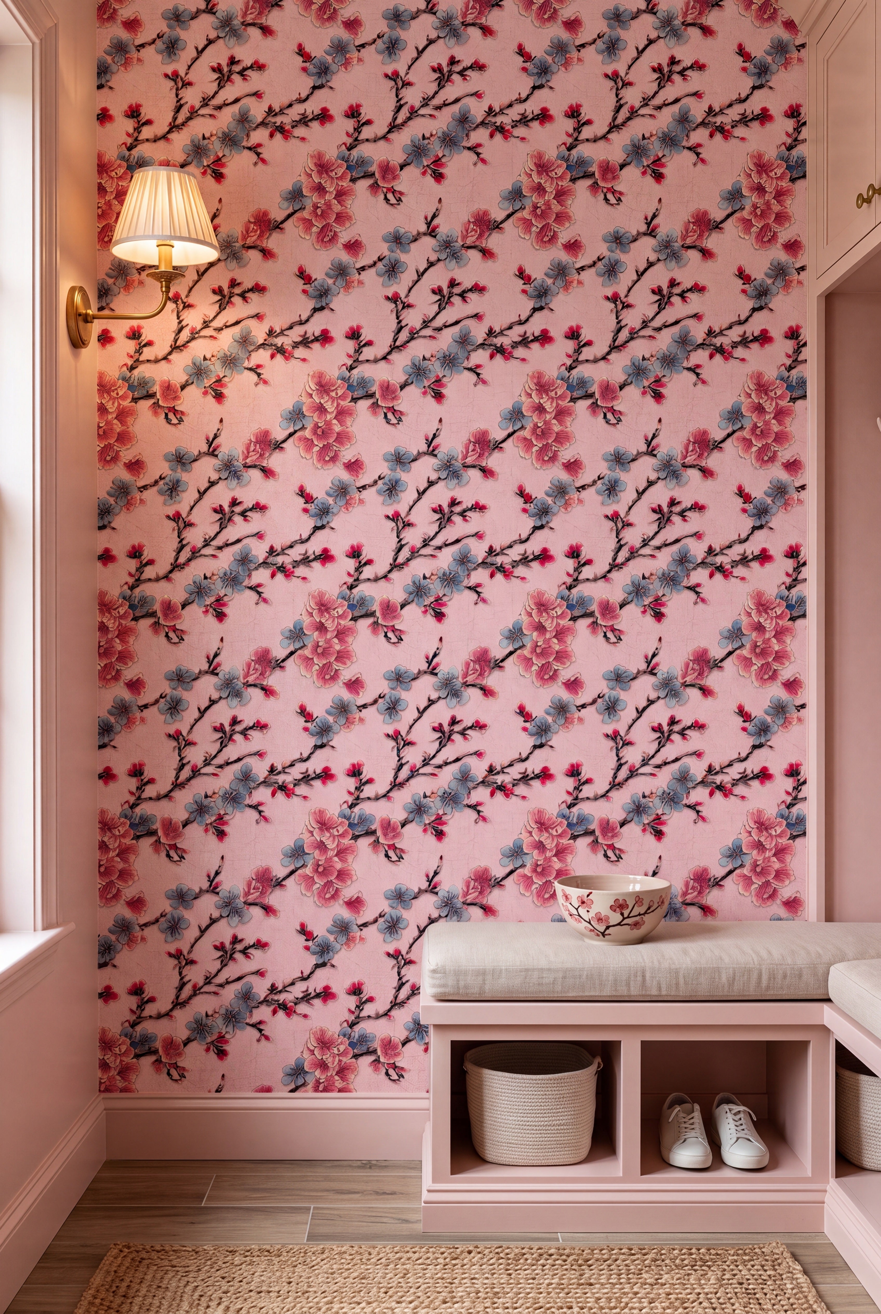 Sakura Blush wallpaper shown in a mudroom