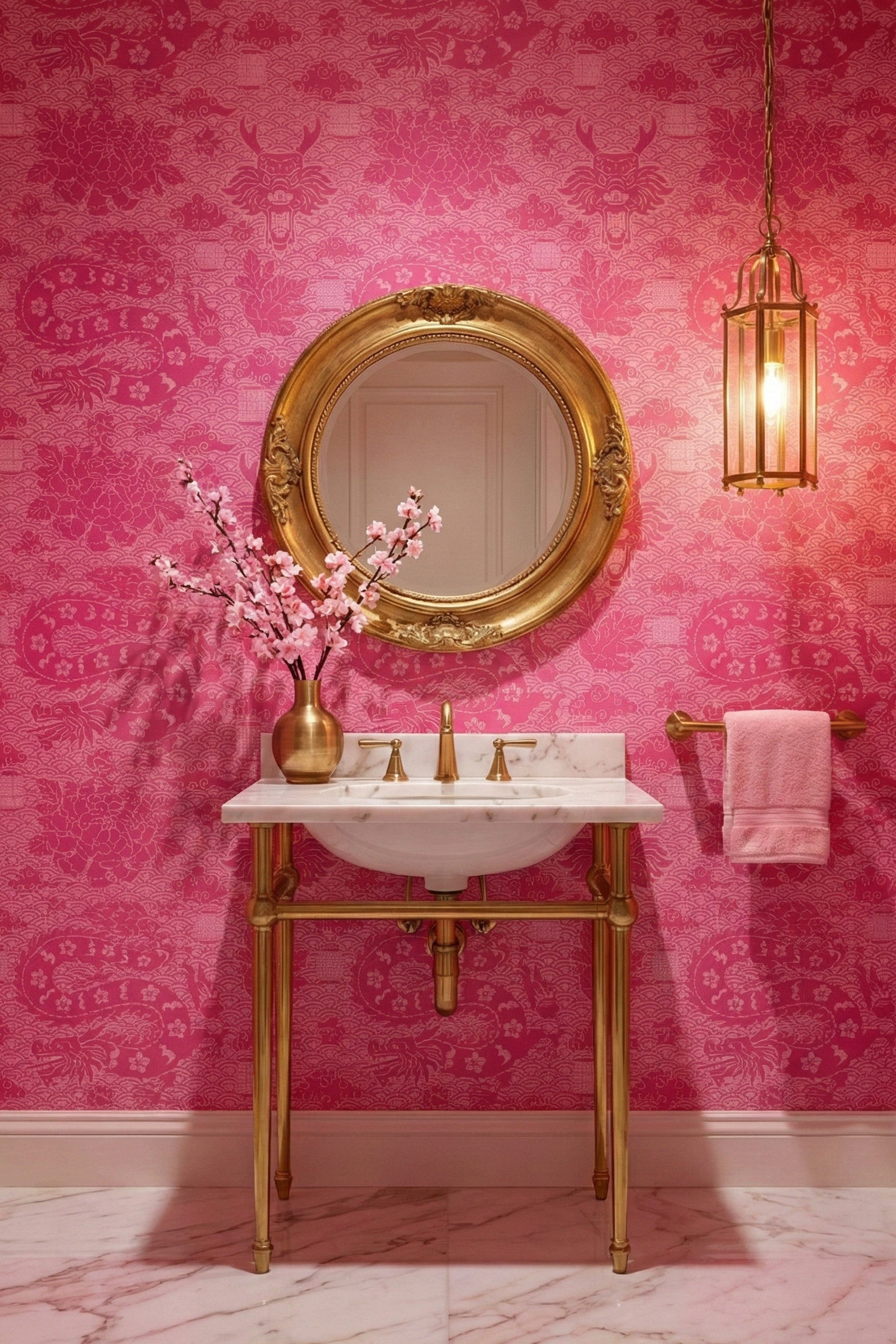 Neon Dragon wallpaper shown in a powder room