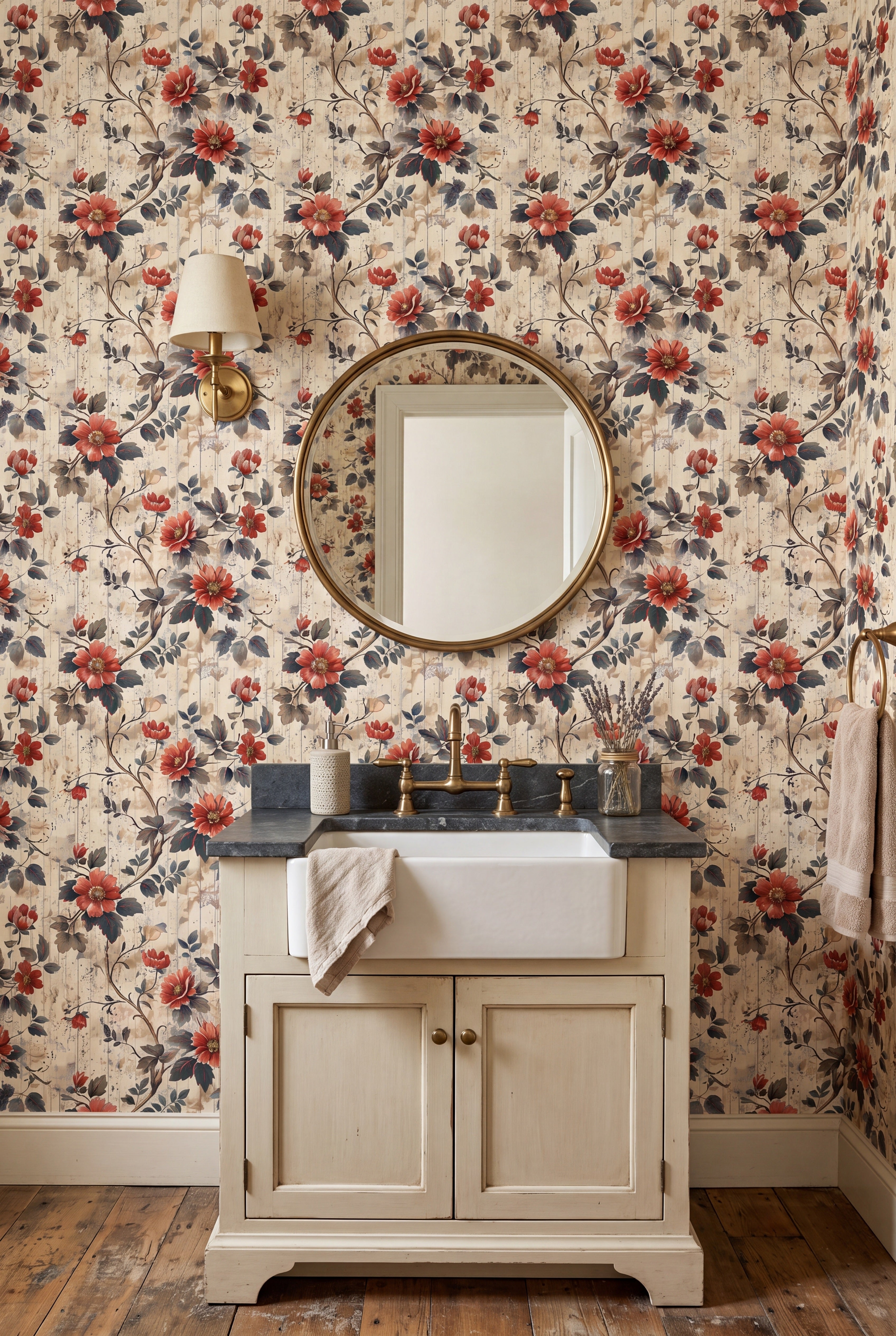 Rustic Rose wallpaper shown in a powder room
