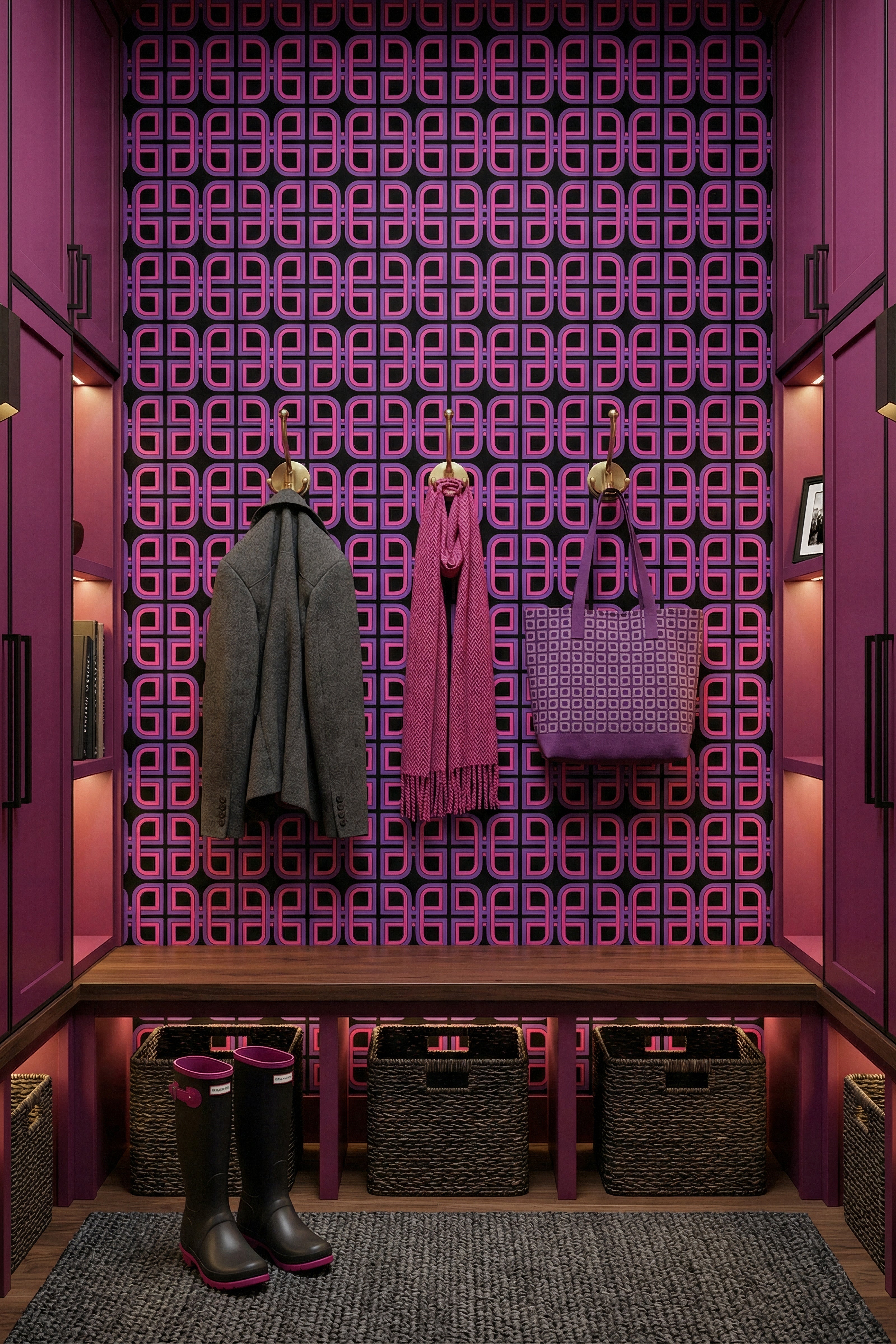 Midnight Grid wallpaper shown in a mudroom