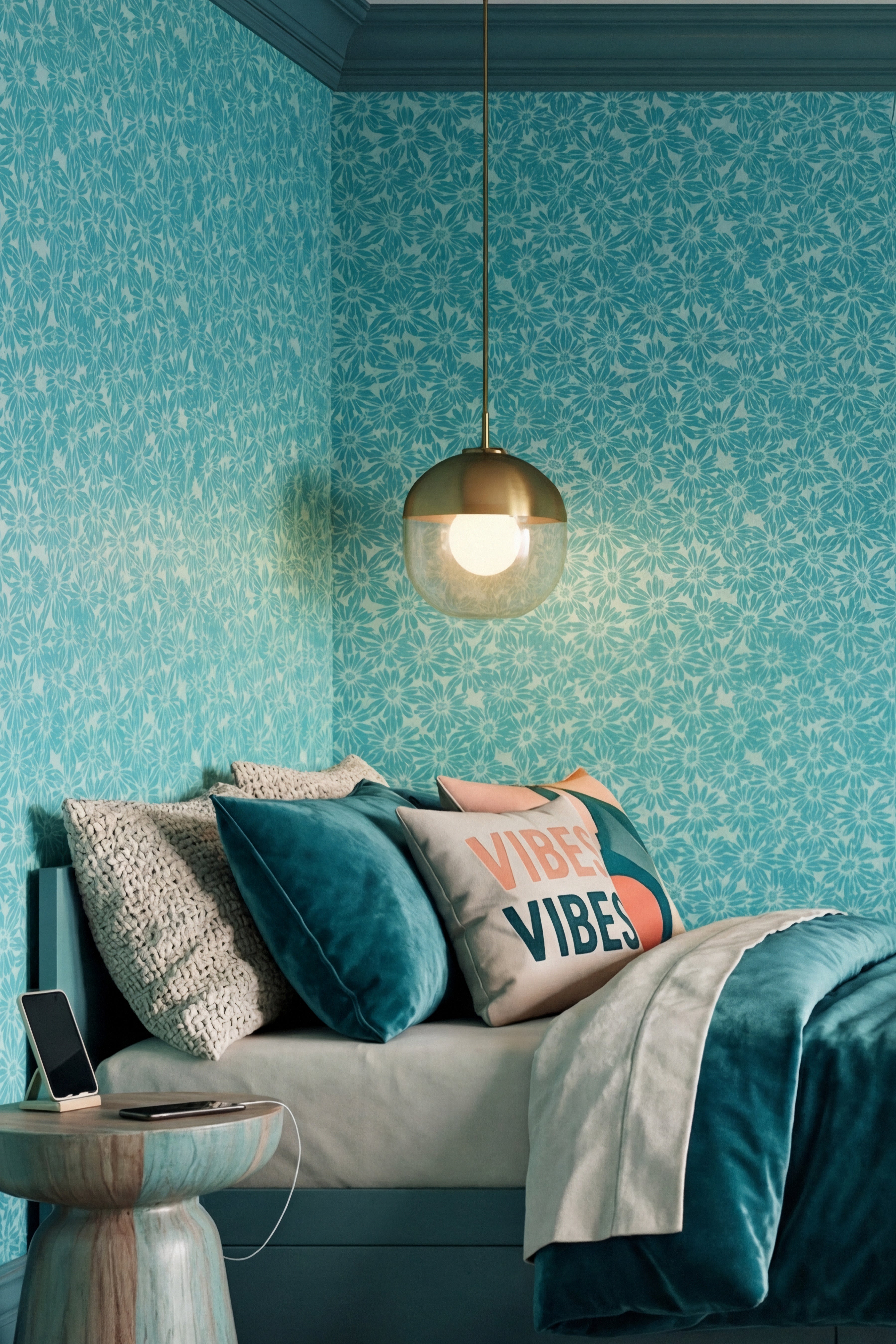 Lazy Daisy wallpaper shown in a bedroom