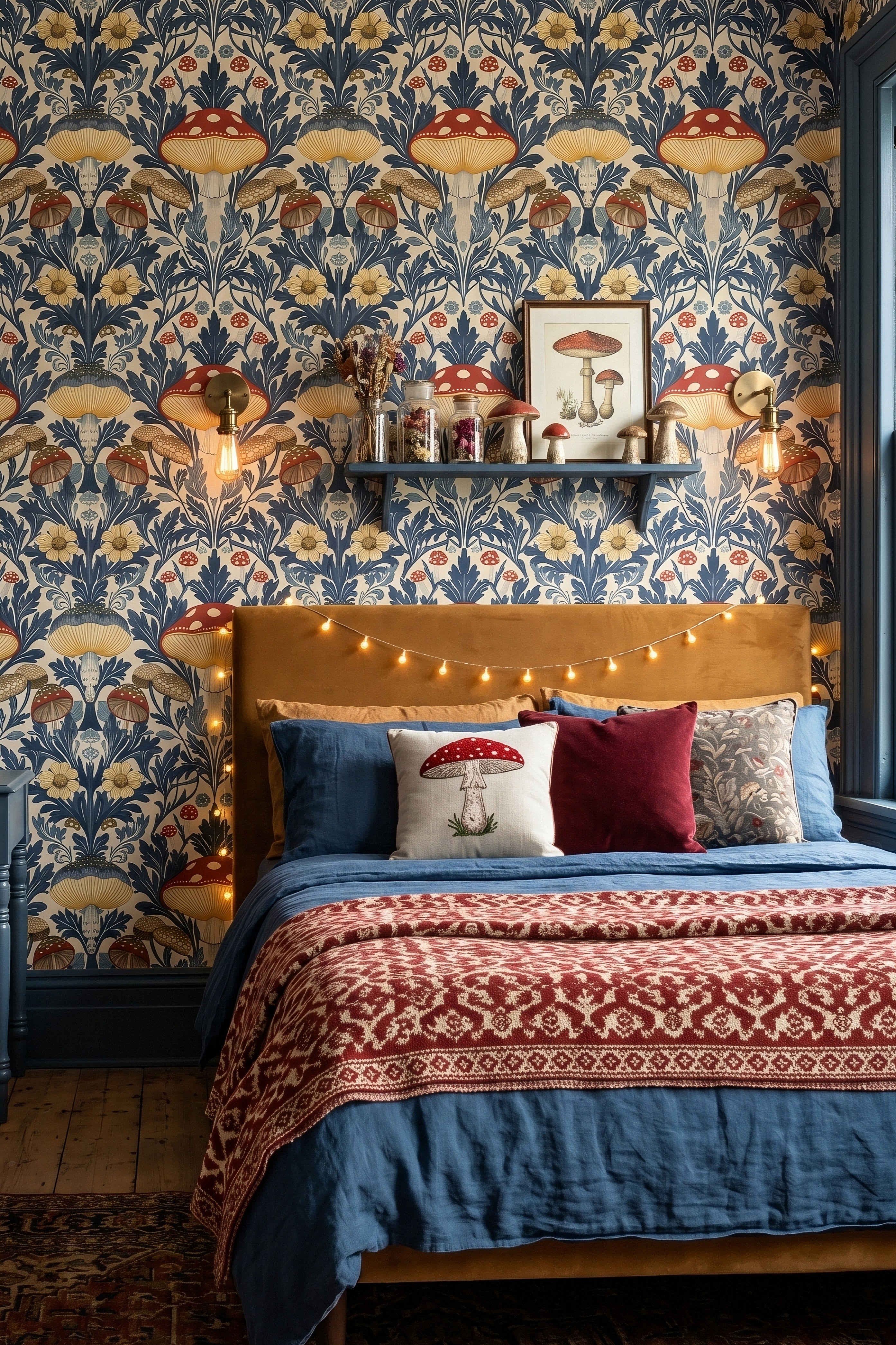 Toadstool Tapestry wallpaper shown in a bedroom