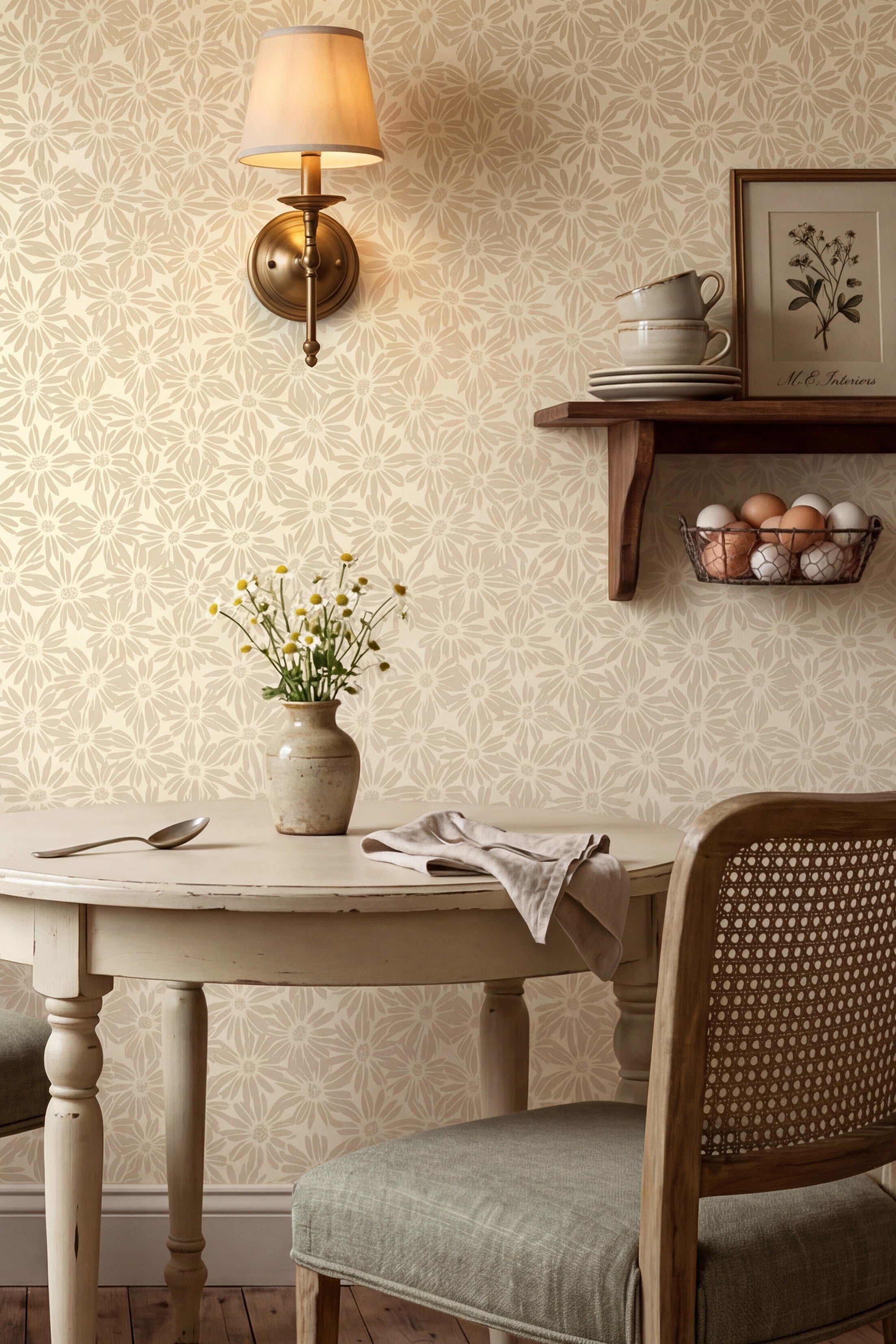Daisy Fields wallpaper shown in a dining room