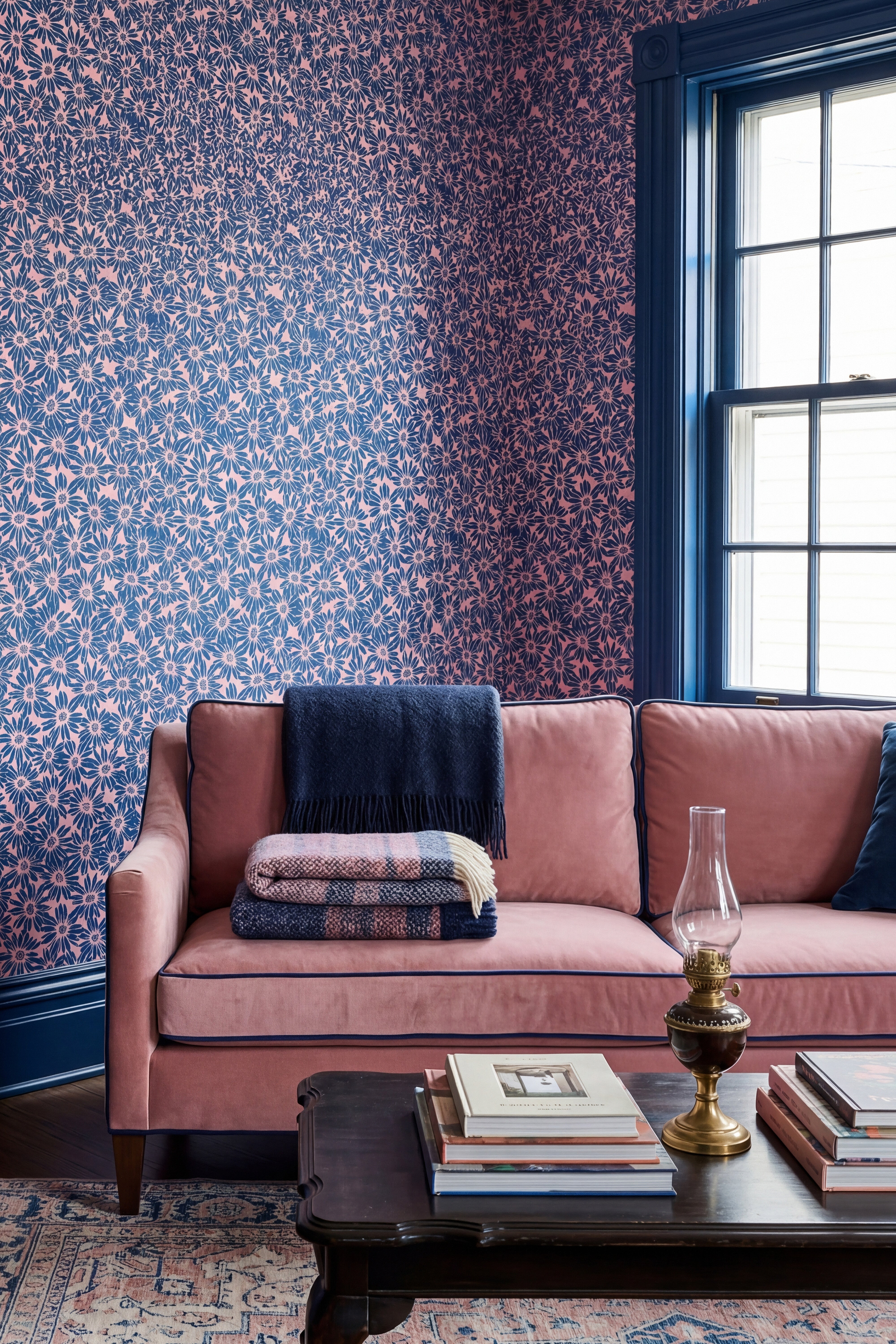 Midnight Daisy wallpaper shown in a living room