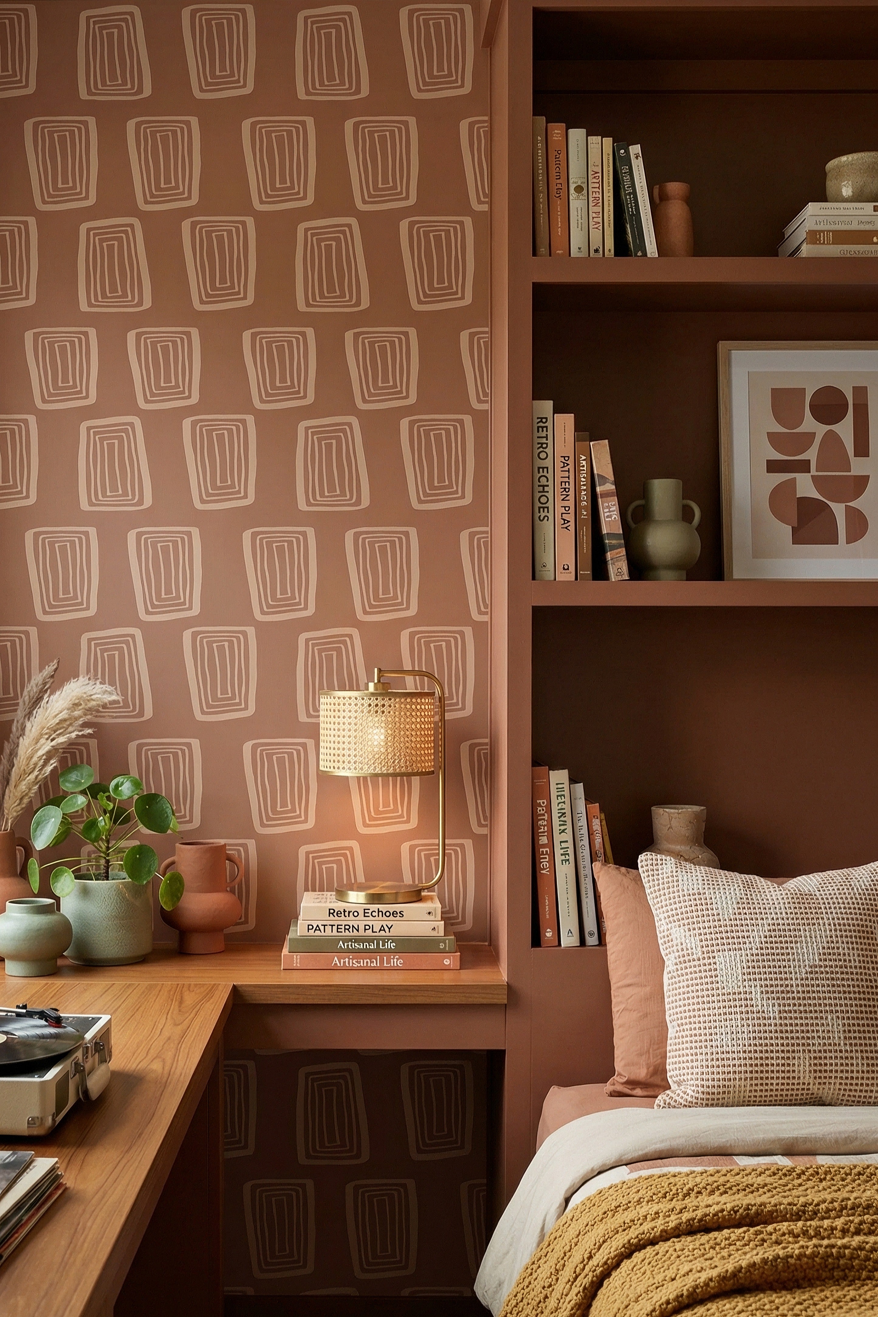 Mocha Mod wallpaper shown in a bedroom