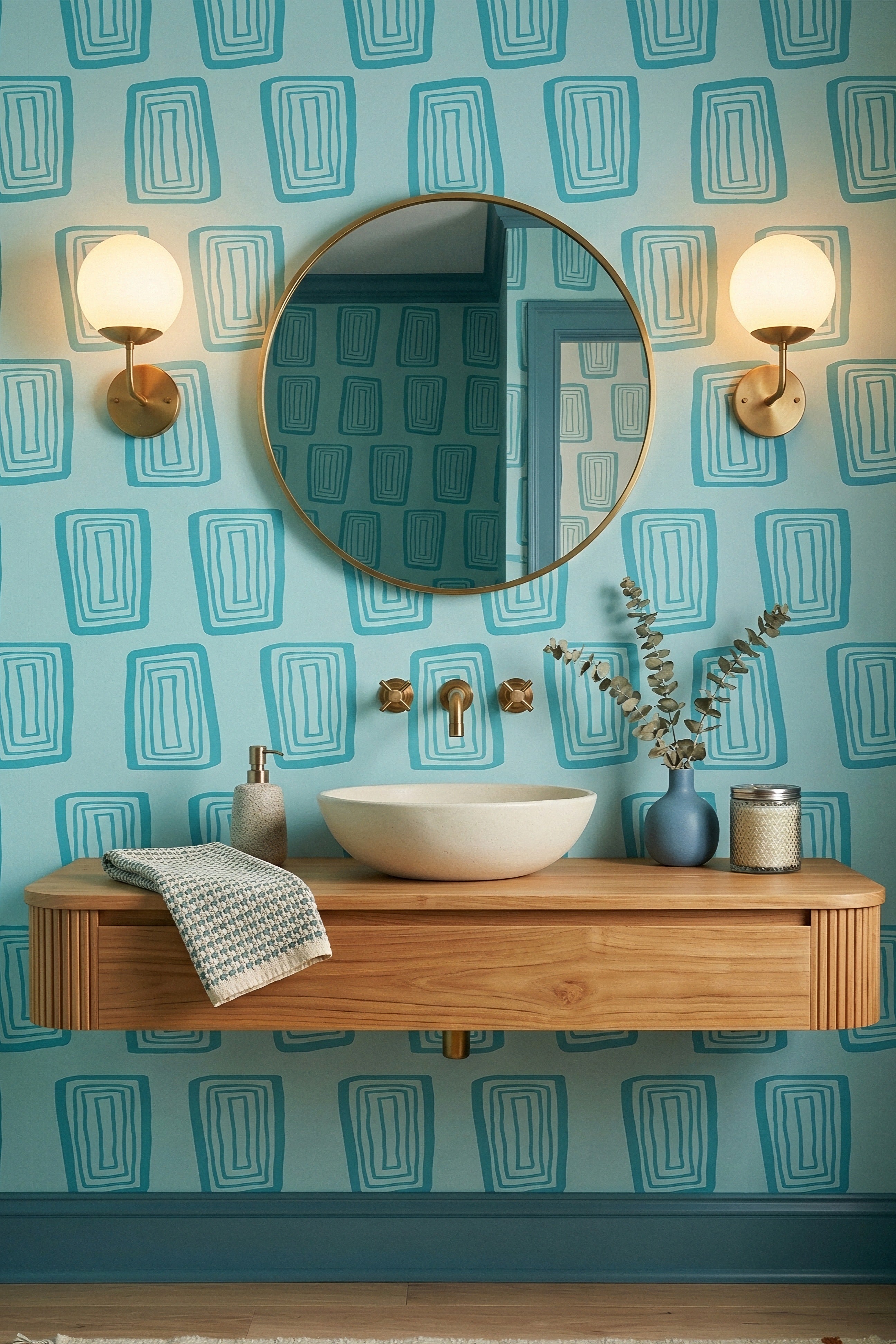 Aqua Blocks wallpaper shown in a powder room
