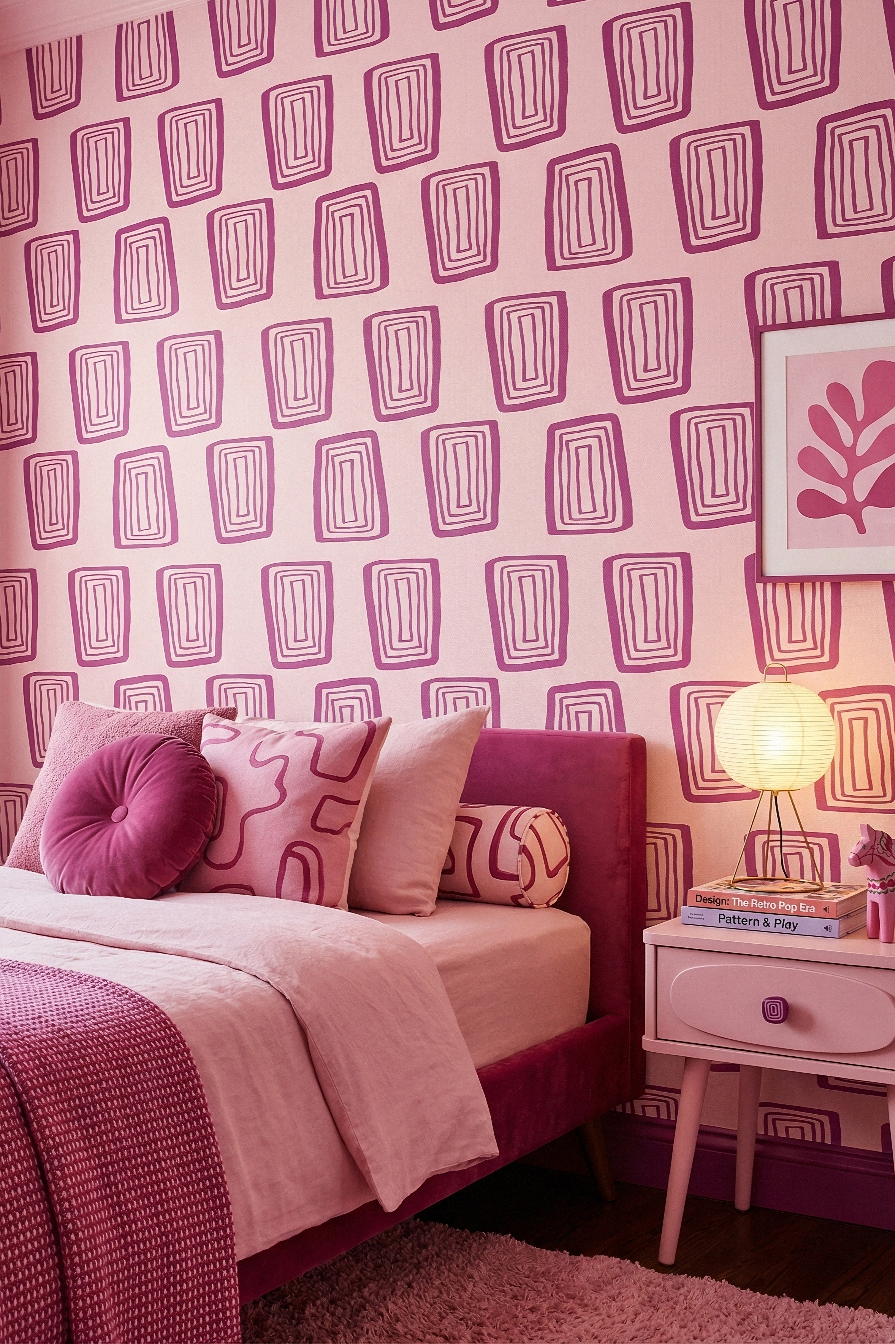 Groove Blush wallpaper shown in a bedroom