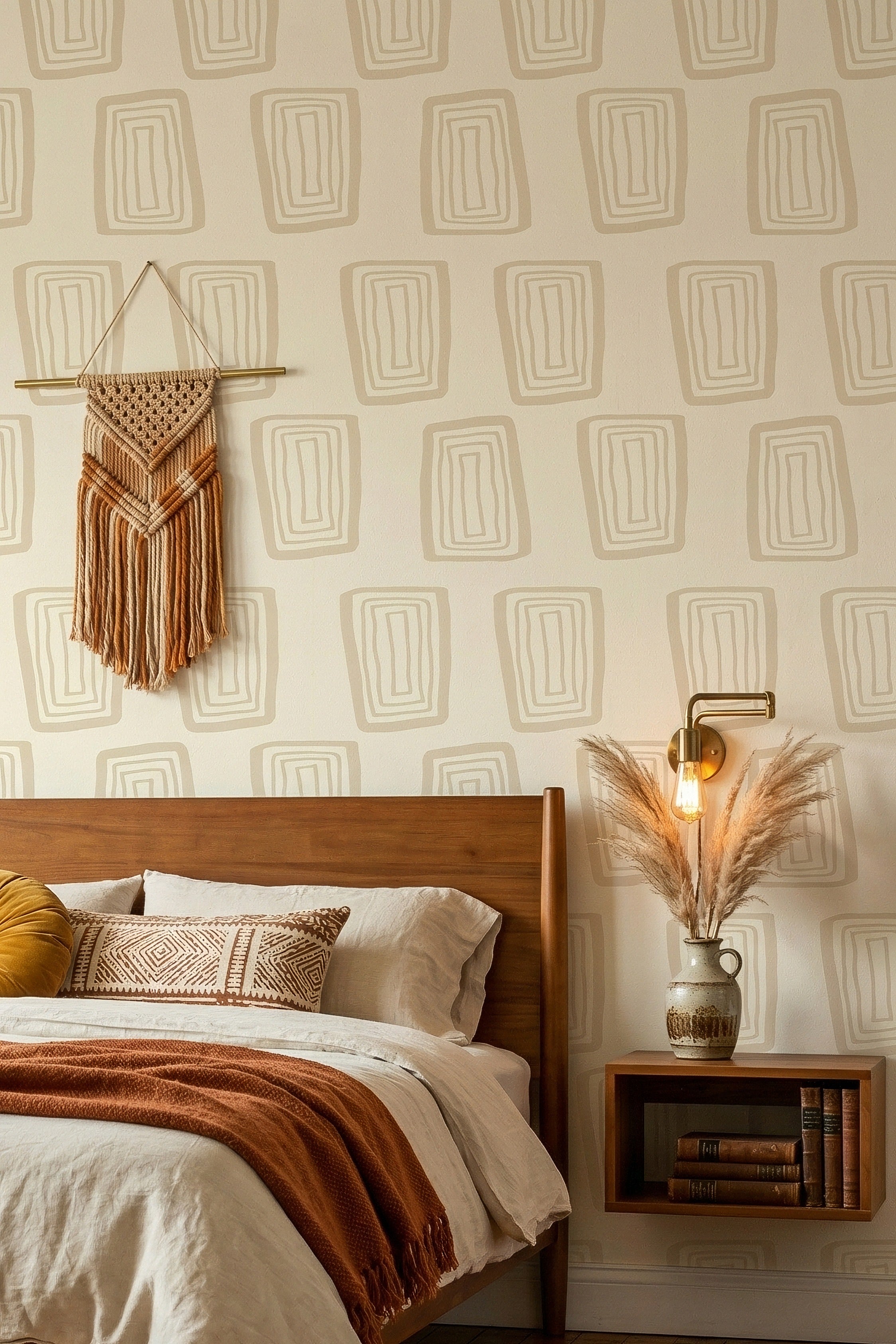 Cream Groove wallpaper shown in a bedroom
