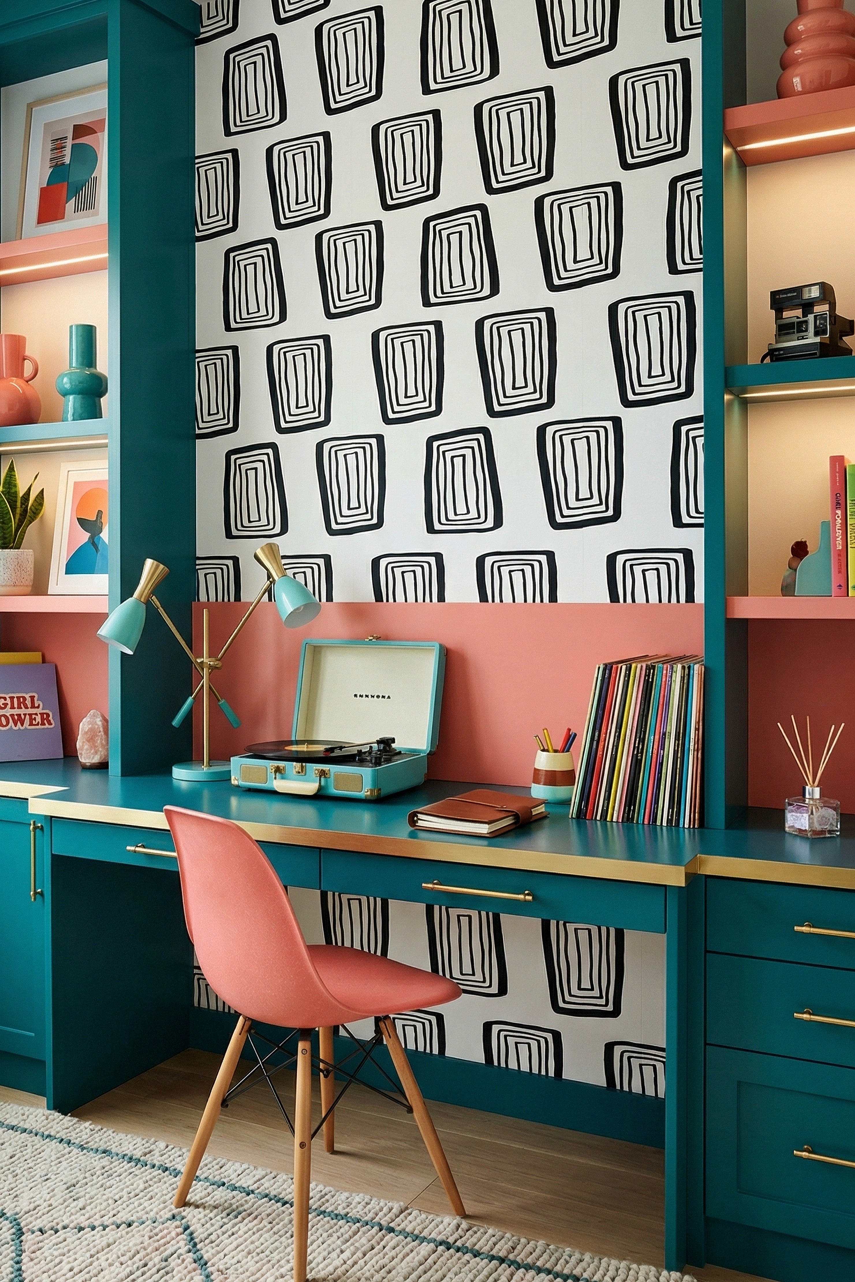 Domino wallpaper shown in a home office
