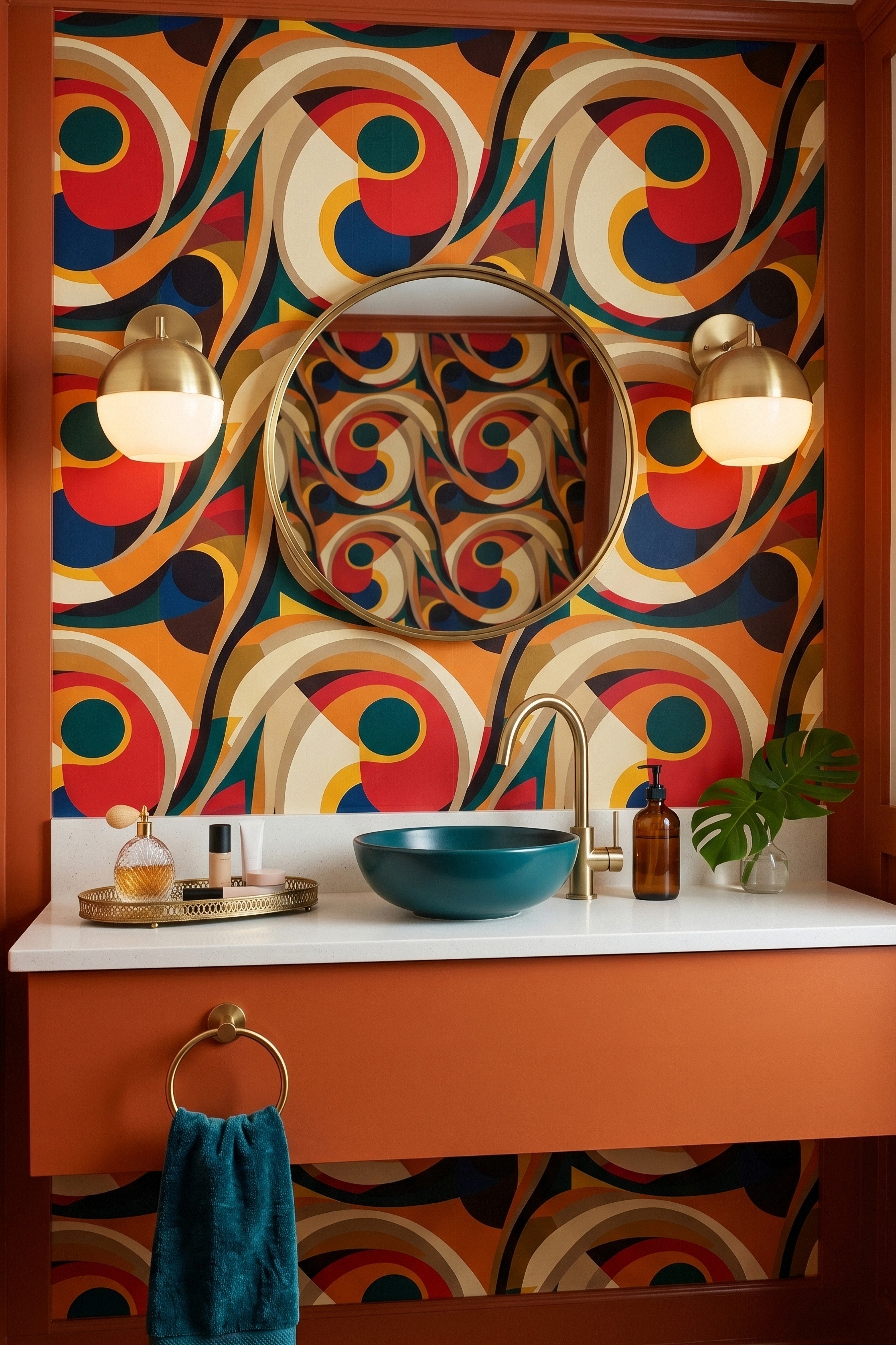 Groove Theory wallpaper shown in a powder room