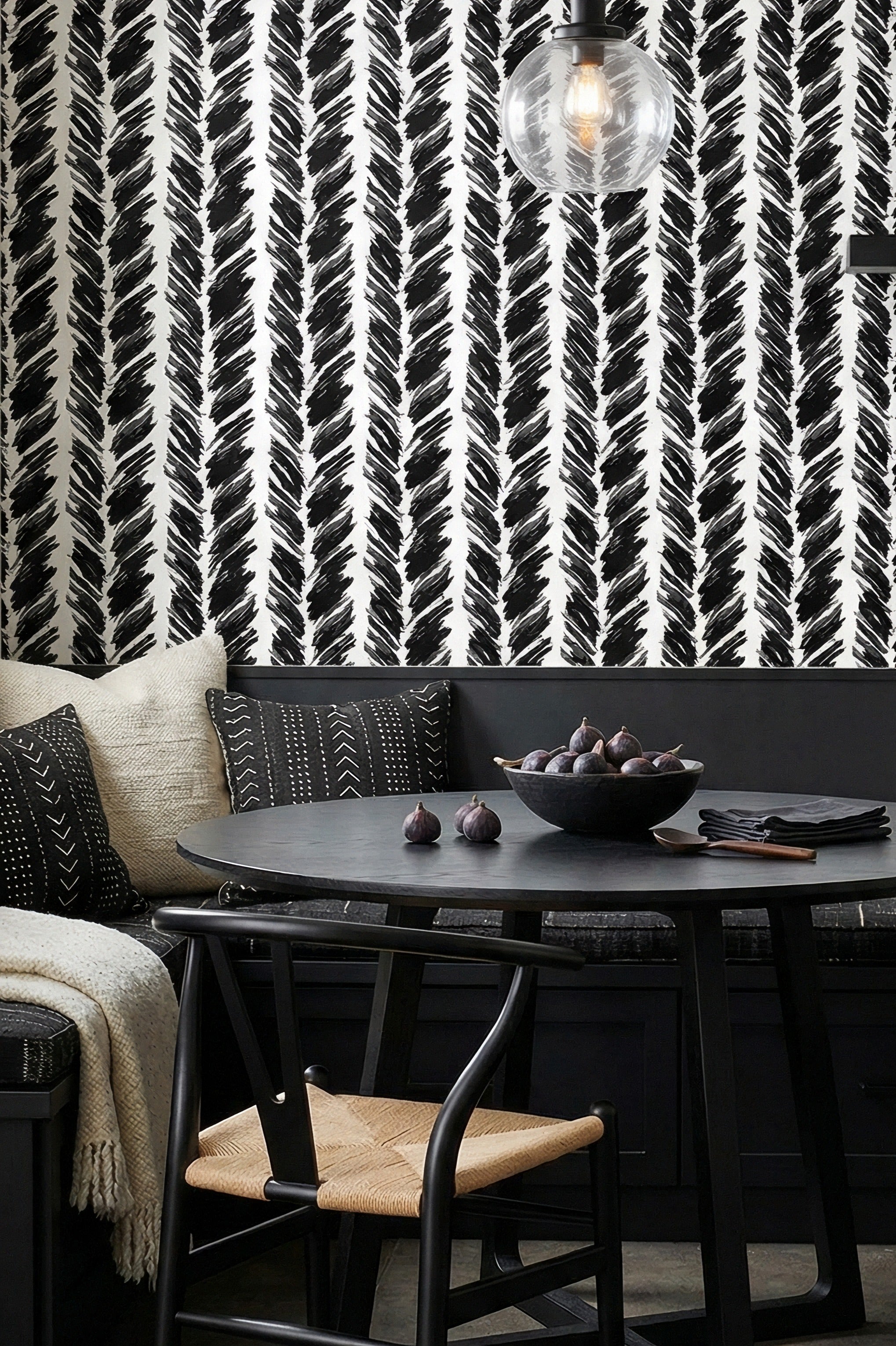 Tuxedo wallpaper shown in a cozy nook
