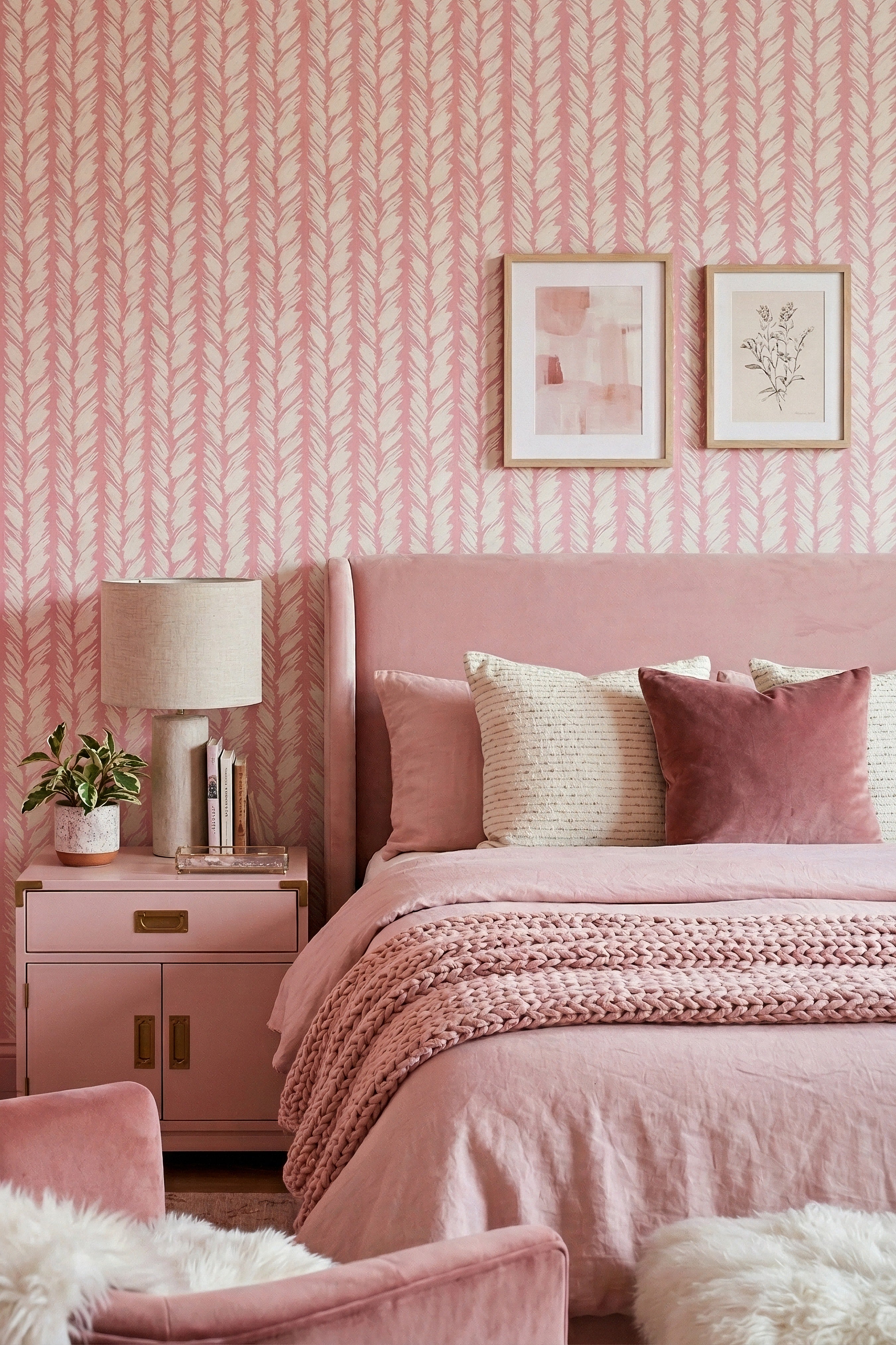 Blush Brush wallpaper shown in a bedroom