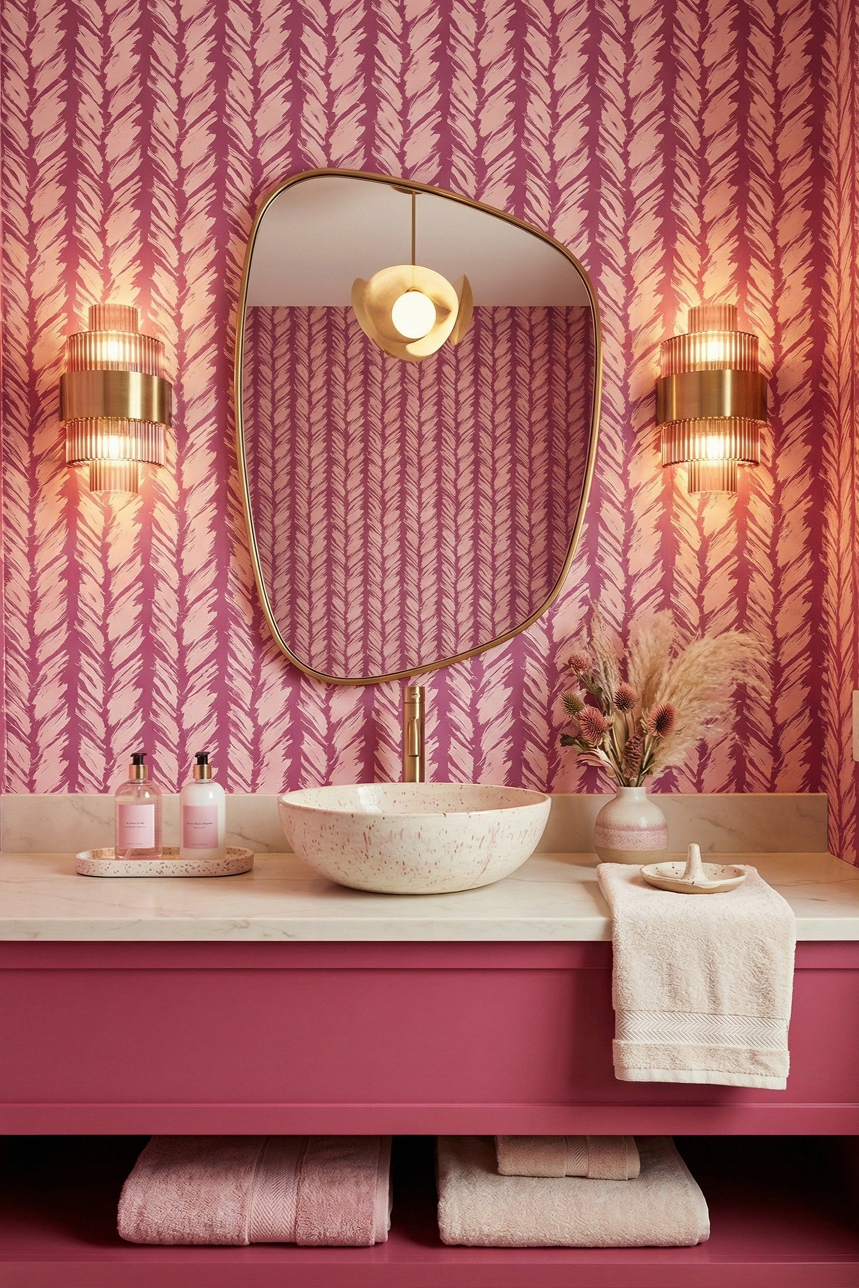 Pink Sketch wallpaper shown in a powder room
