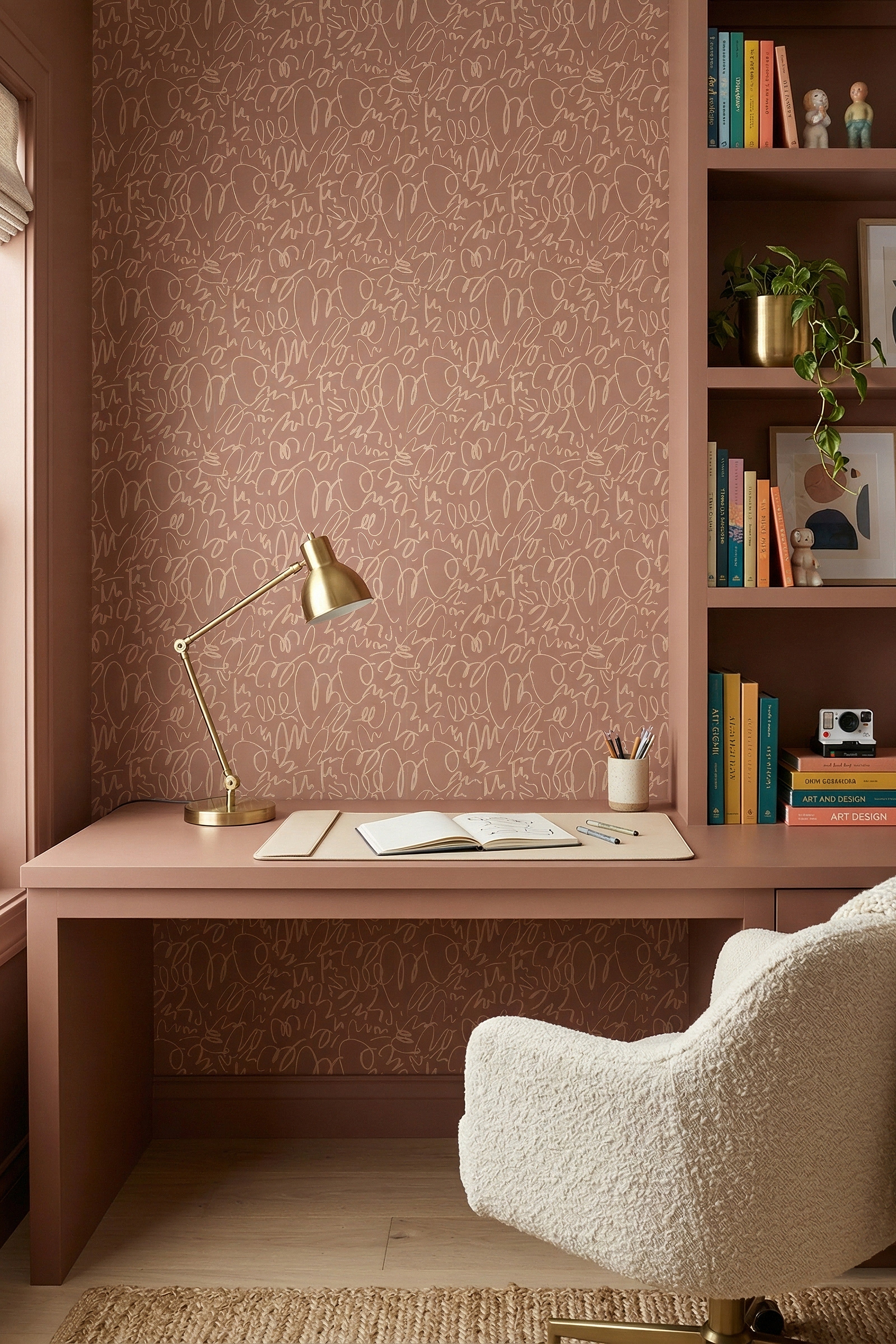 Mocha Doodle wallpaper shown in a home office