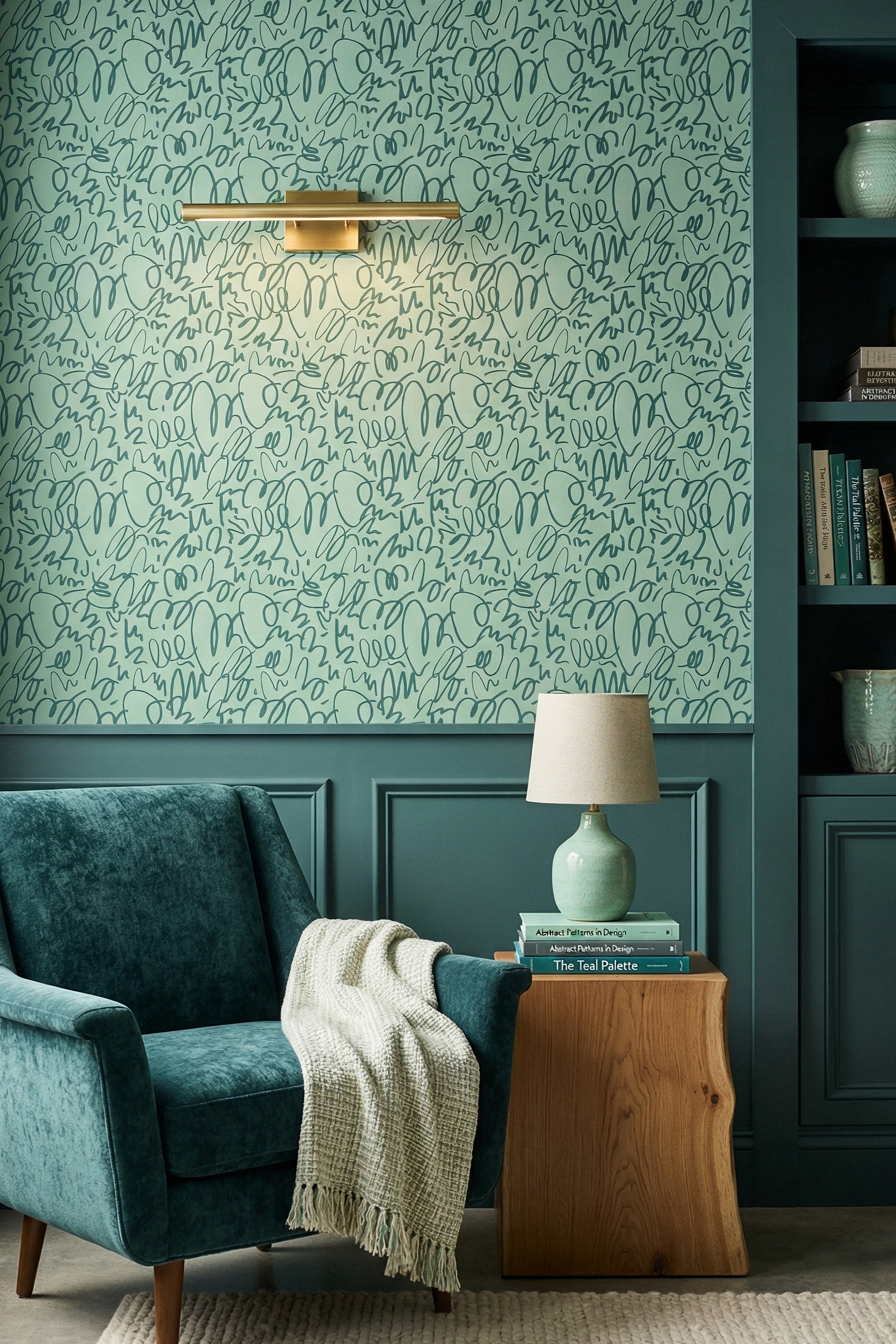 Sage Scribble wallpaper shown in a reading corner