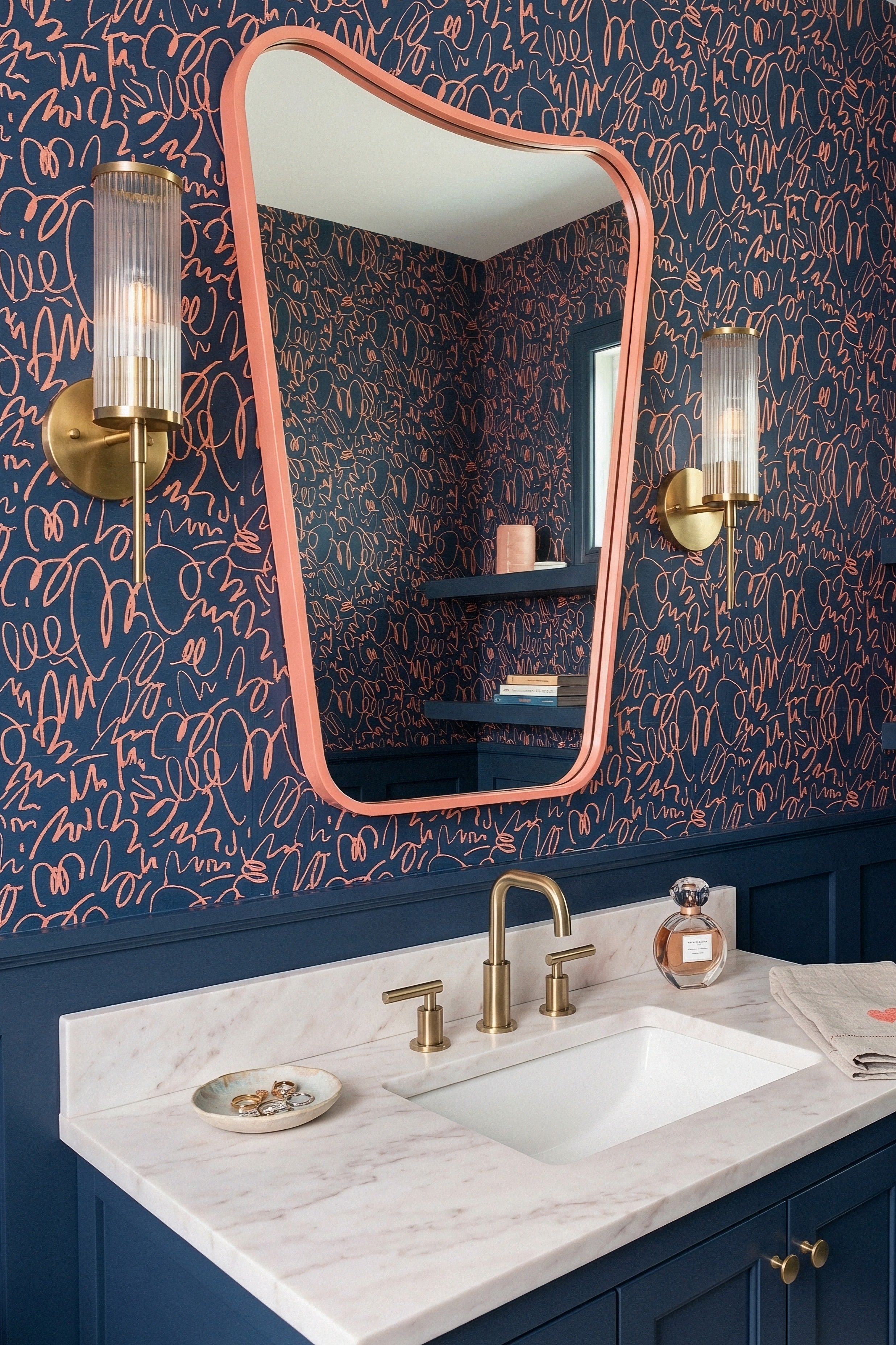 Coral Scribble wallpaper shown in a powder room
