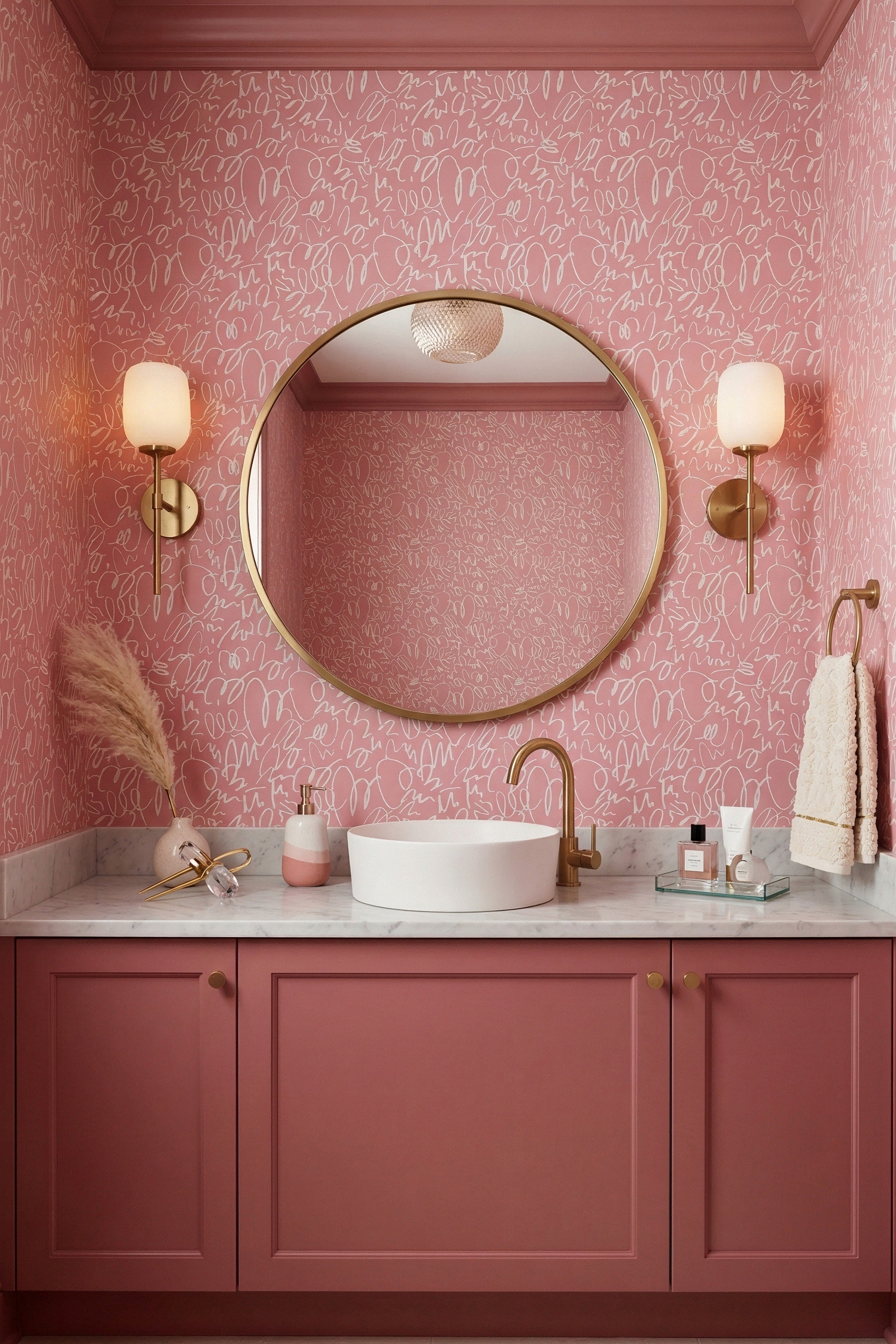 Pink Doodle wallpaper shown in a powder room