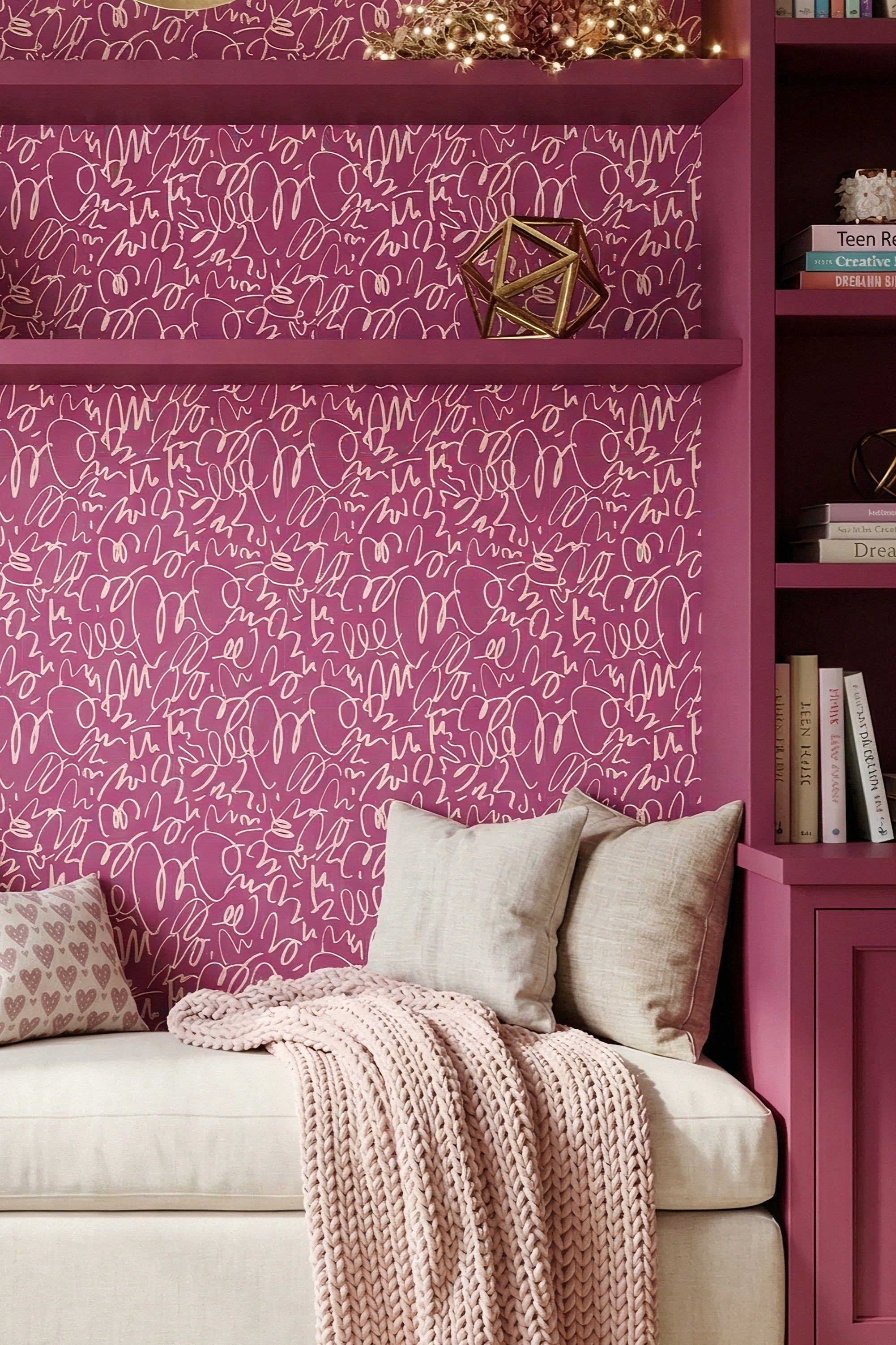 Magenta Scribble wallpaper shown in a cozy nook