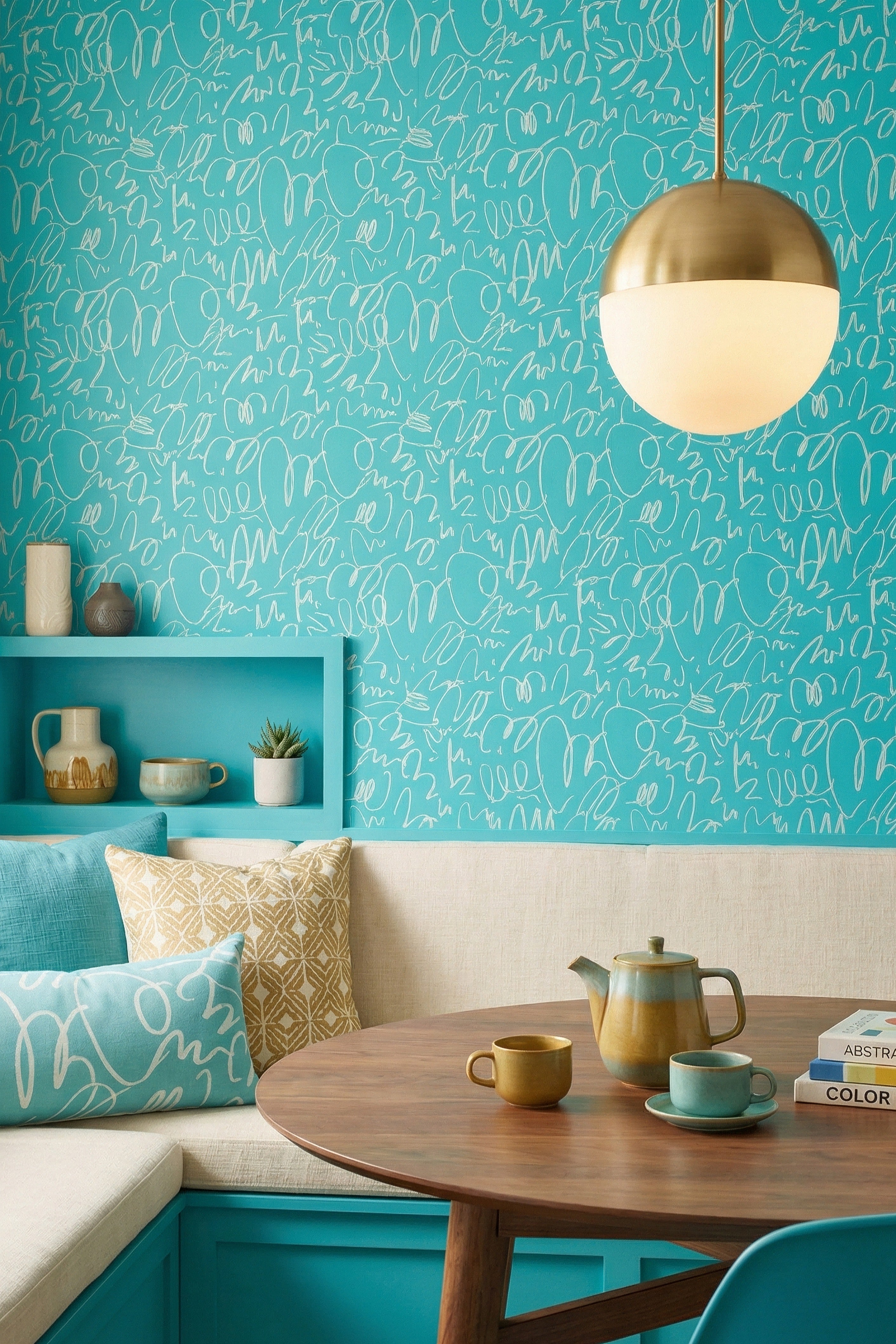 Teal Doodle wallpaper shown in a cozy nook