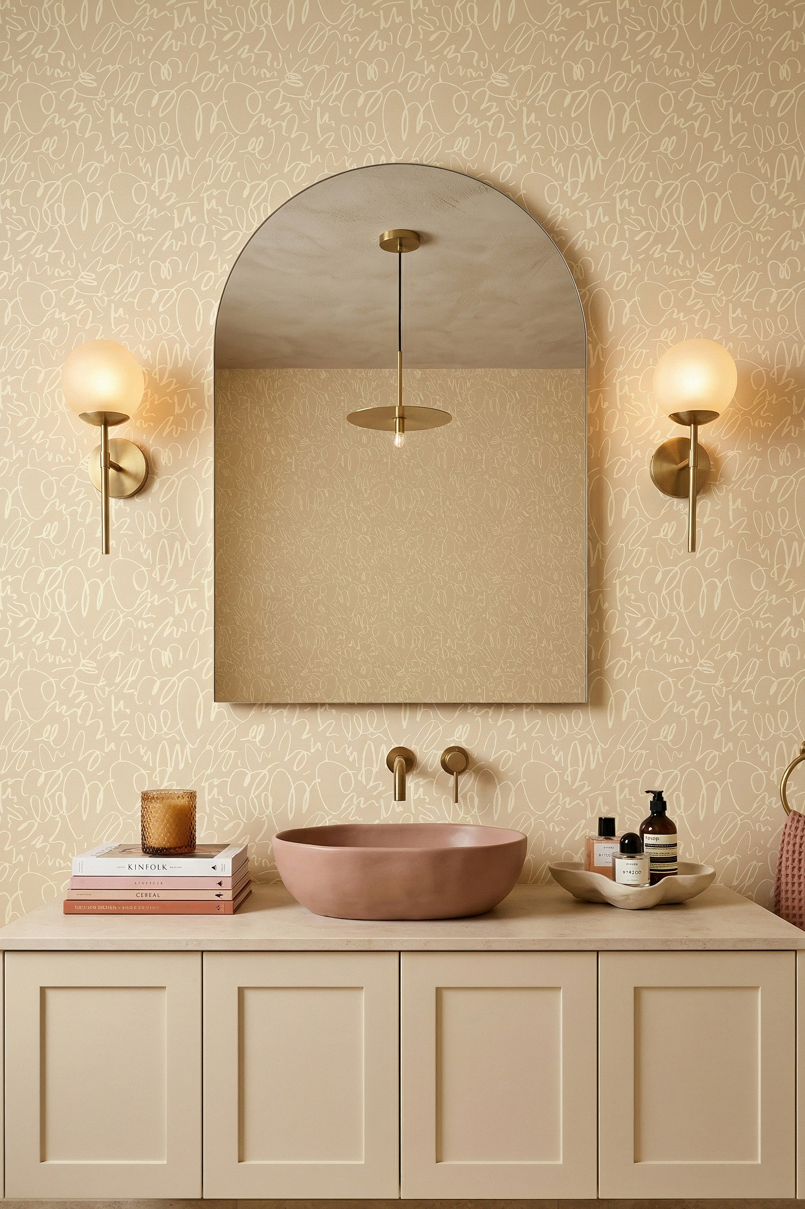 Cream Doodle wallpaper shown in a powder room