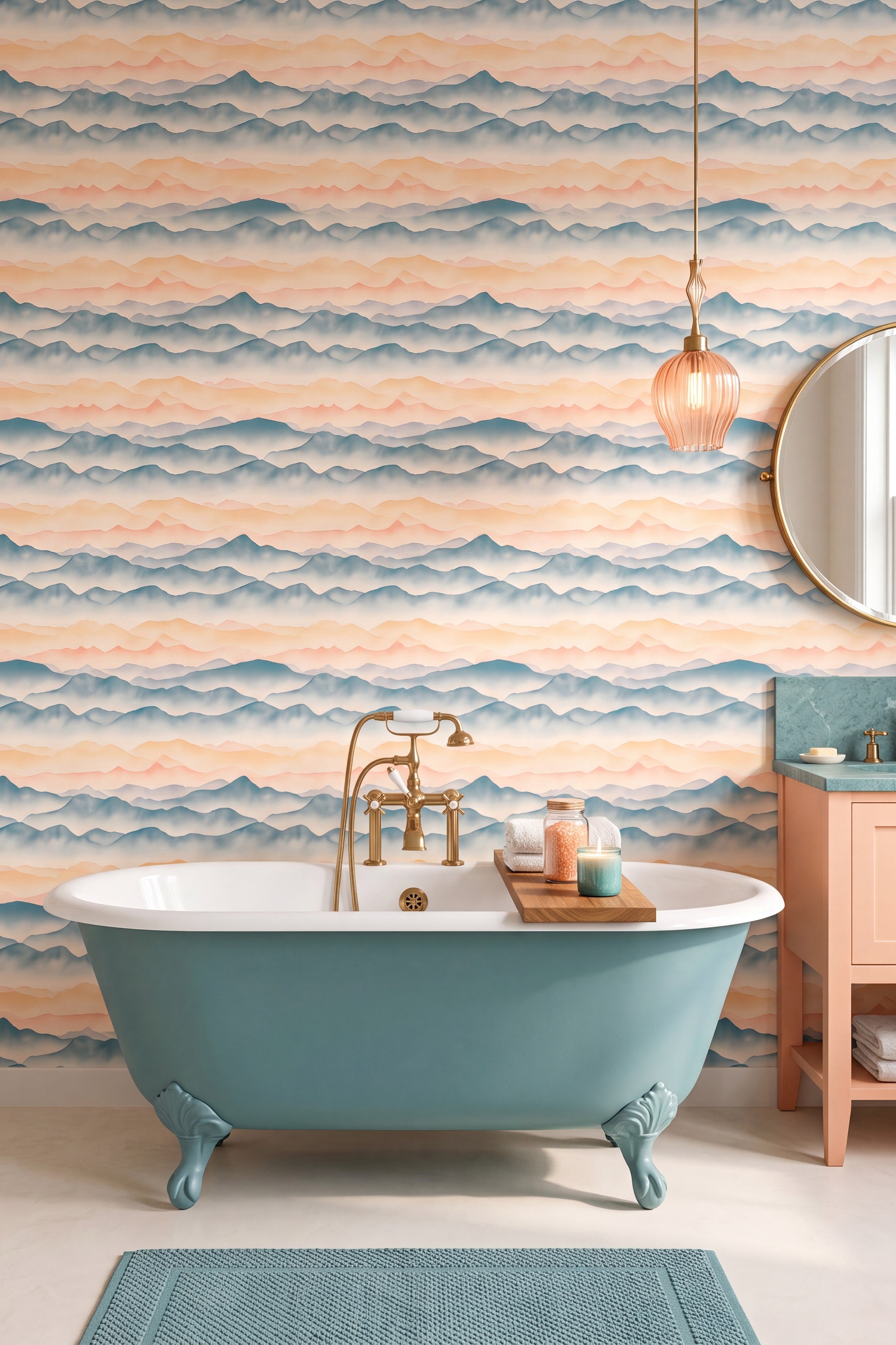 Serene Summit wallpaper shown in a bathroom