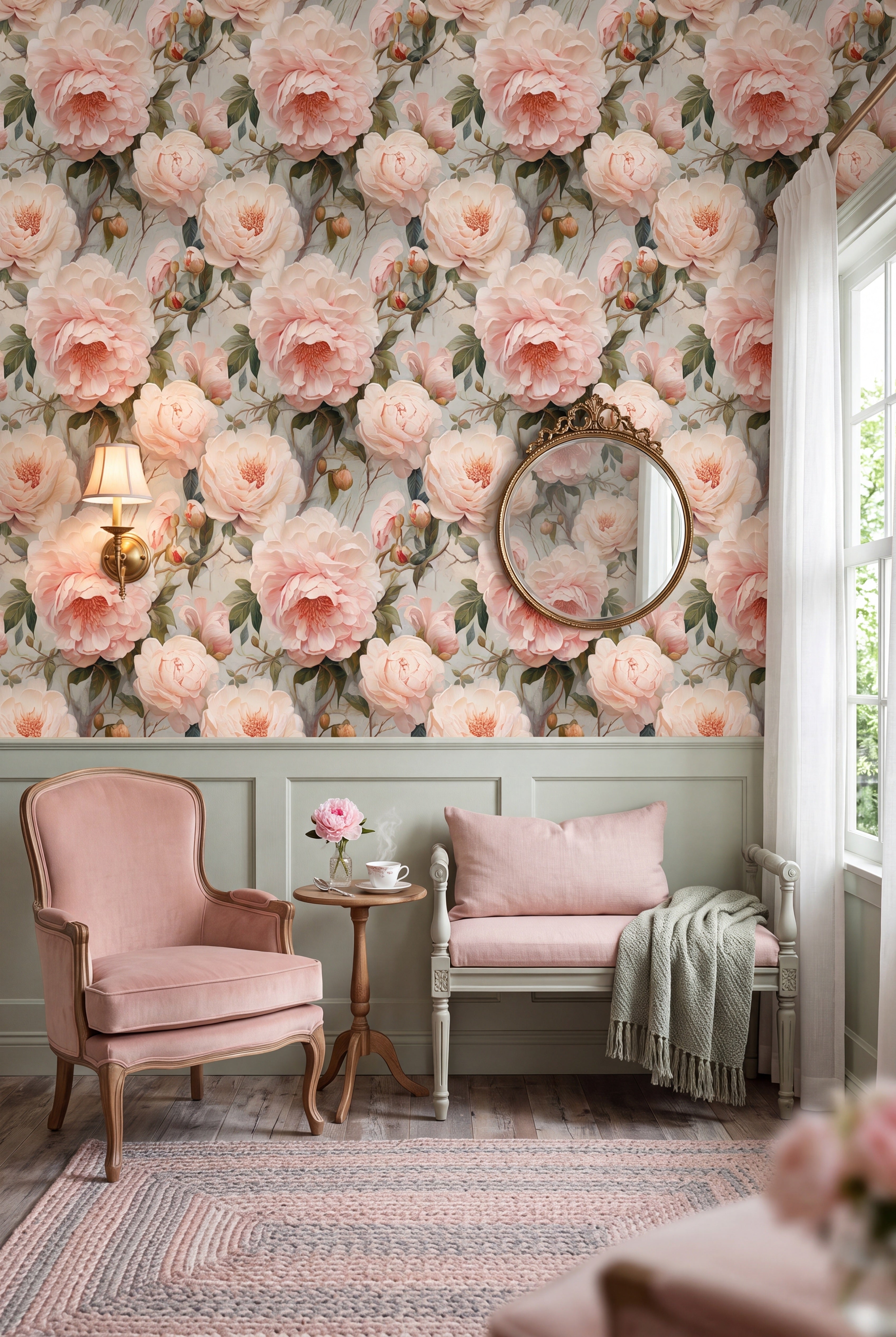 Heirloom Garden wallpaper shown in a cozy nook