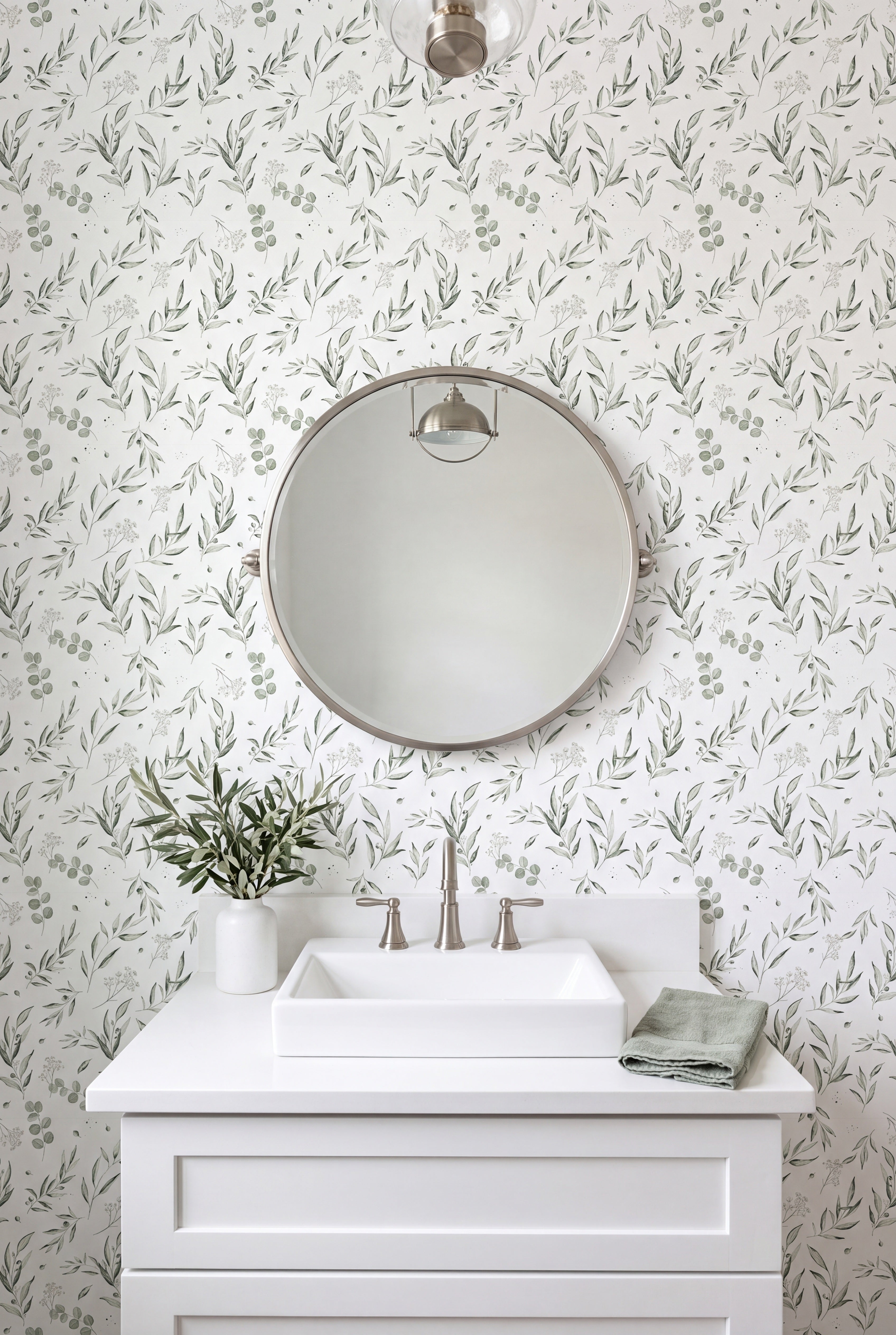 Eucalyptus Grove wallpaper shown in a powder room