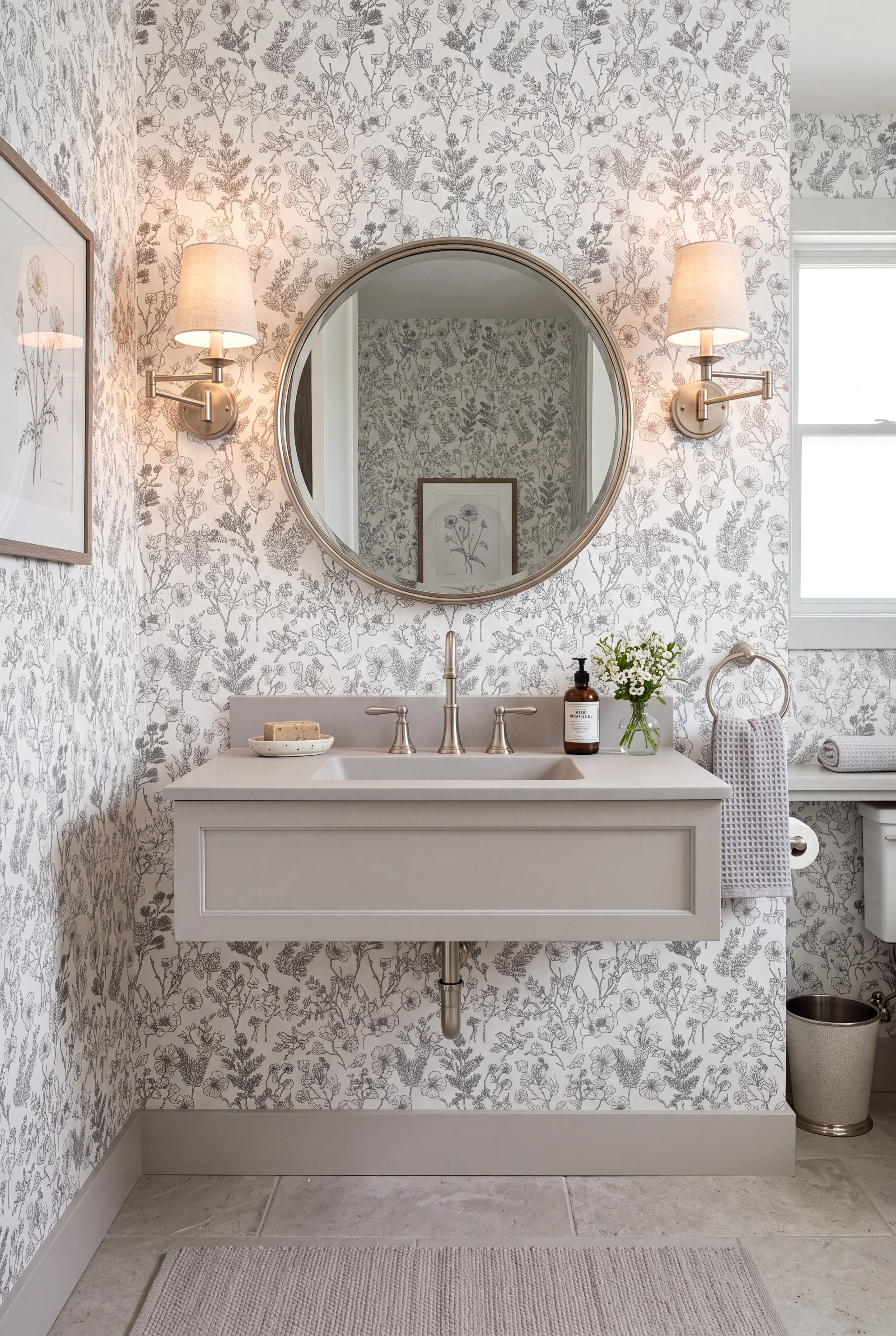 Hidden Aviary wallpaper shown in a powder room