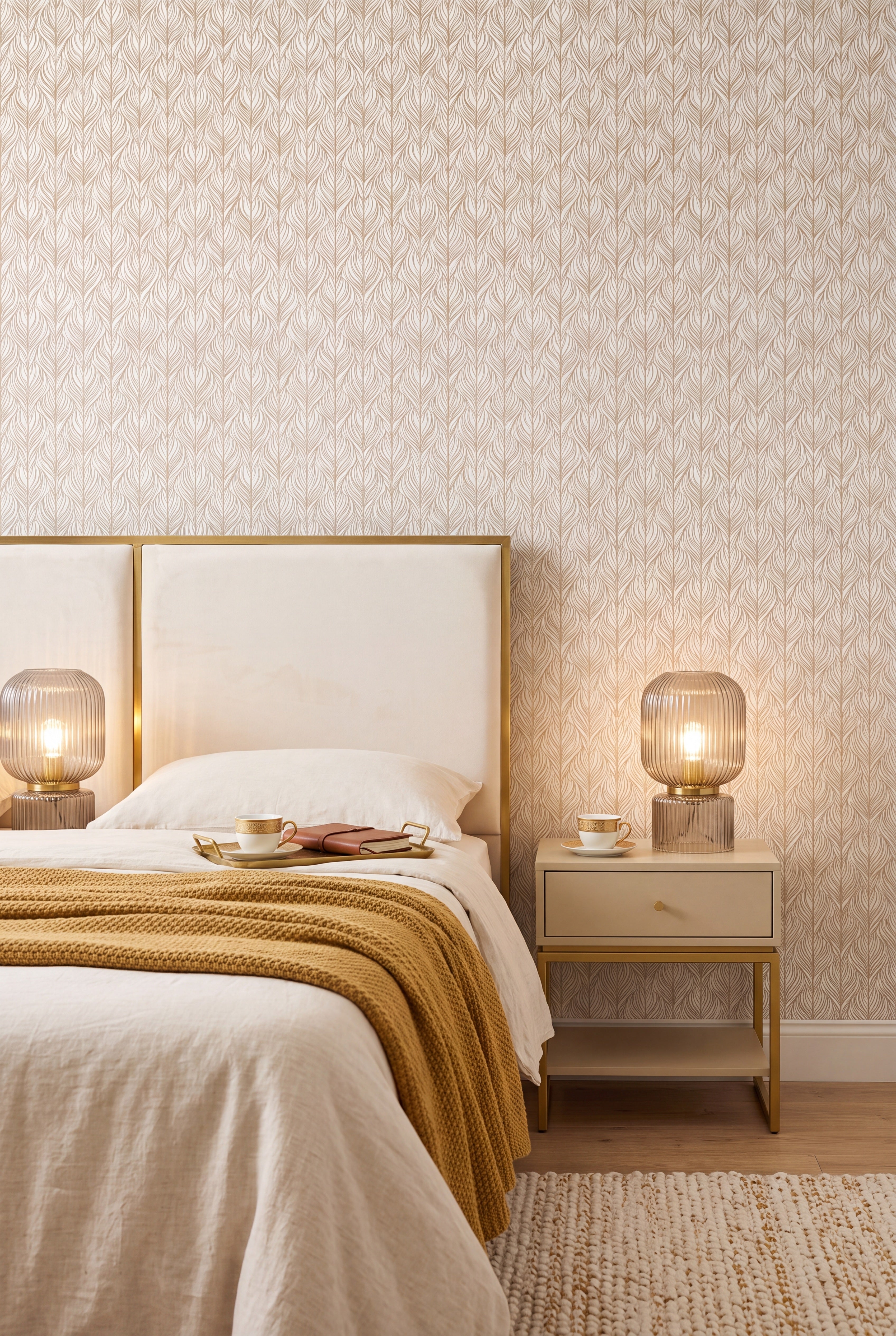 Gold Standard wallpaper shown in a bedroom