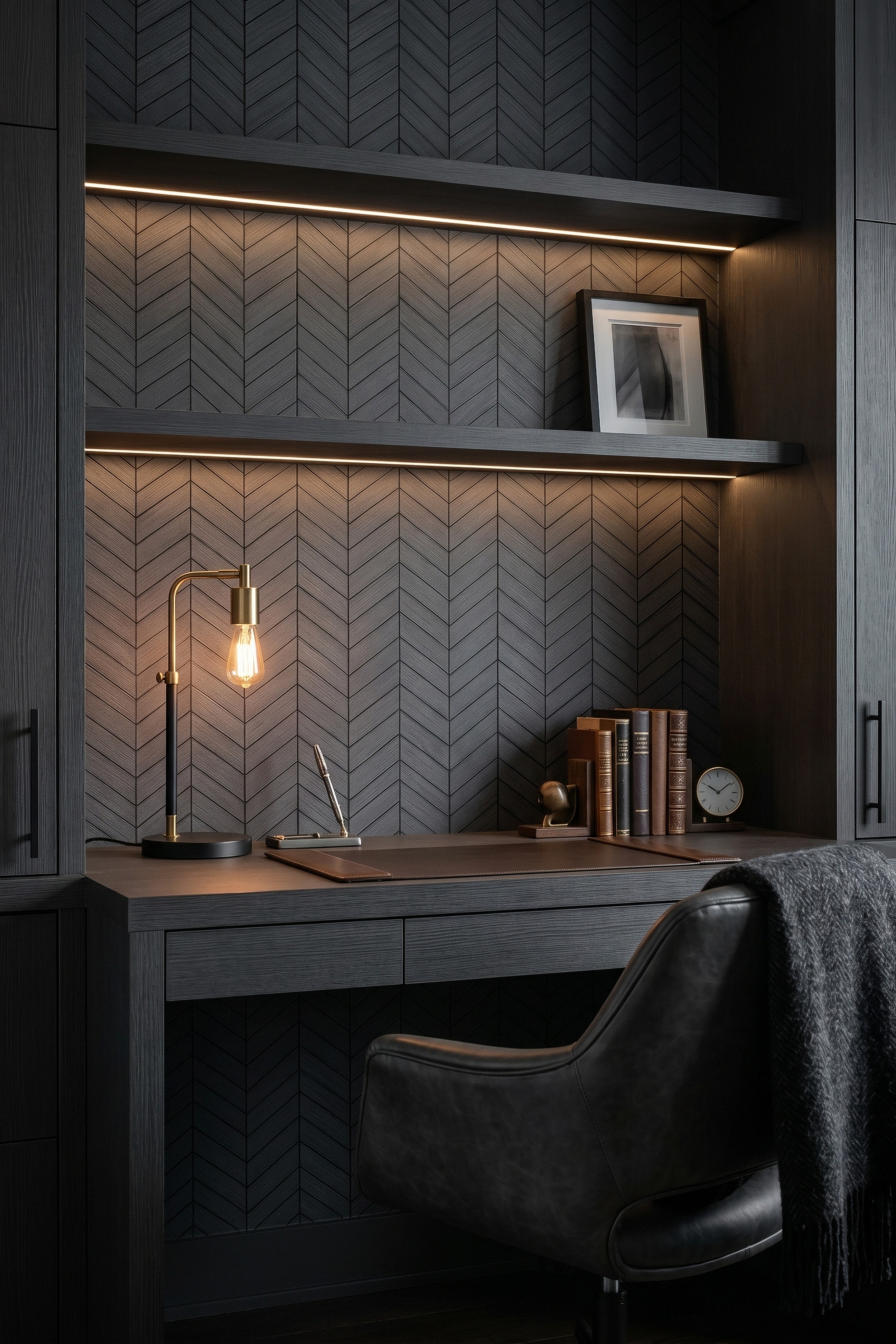 Herringbone Noir wallpaper shown in a home office