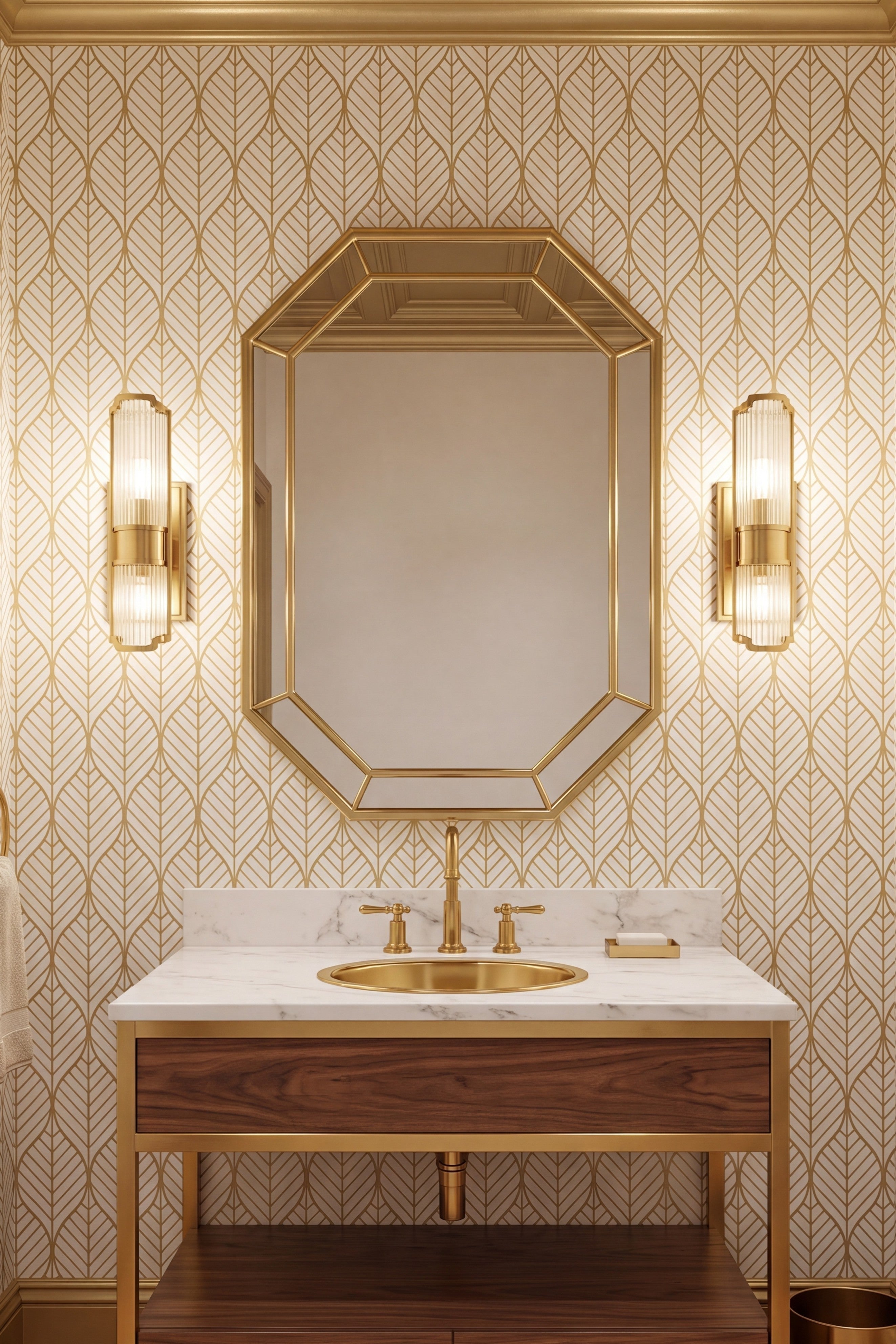 Gilded Leaf wallpaper shown in a powder room