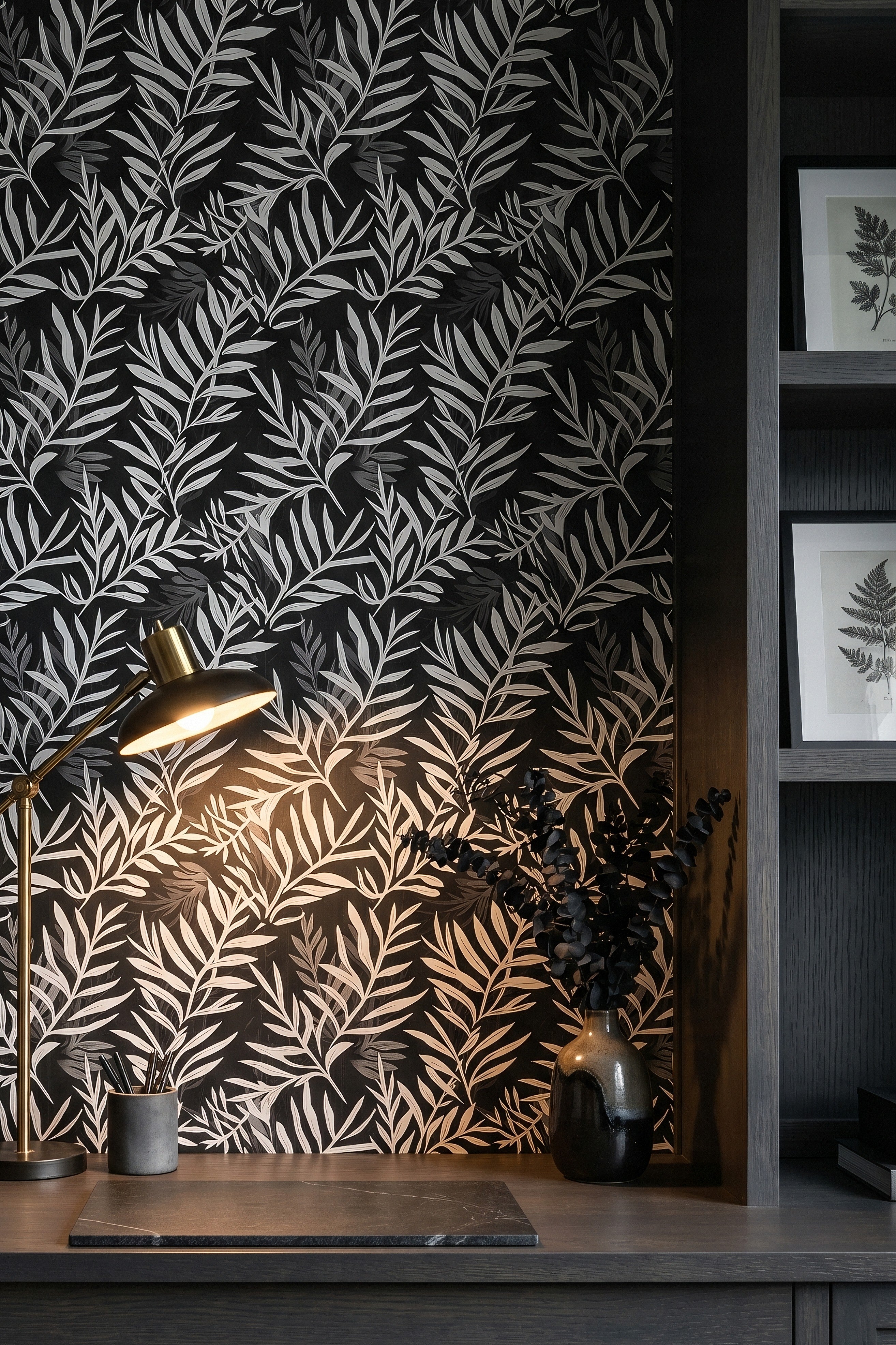 Ink Garden wallpaper shown in a home office