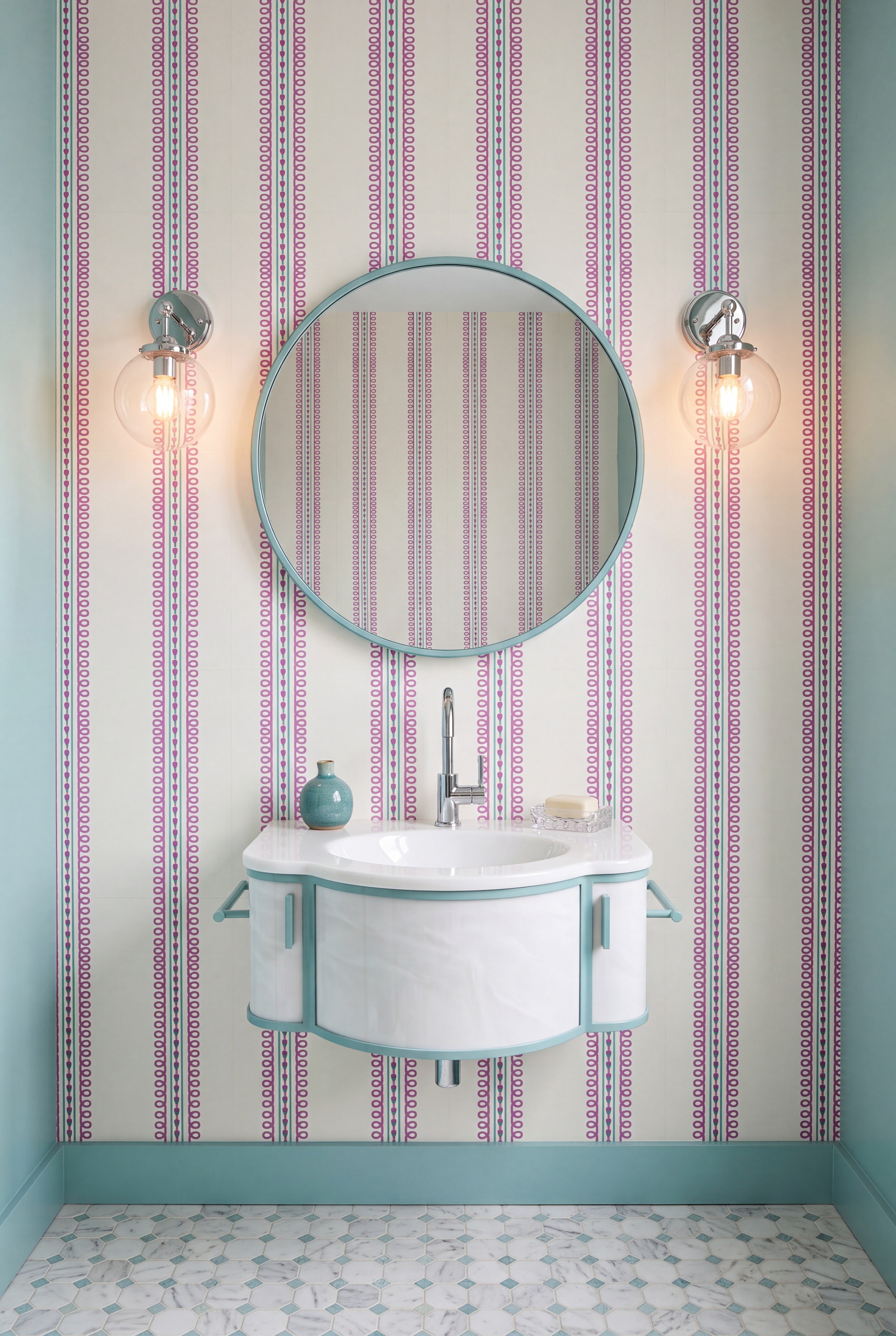 Sweetheart Stripe wallpaper shown in a powder room