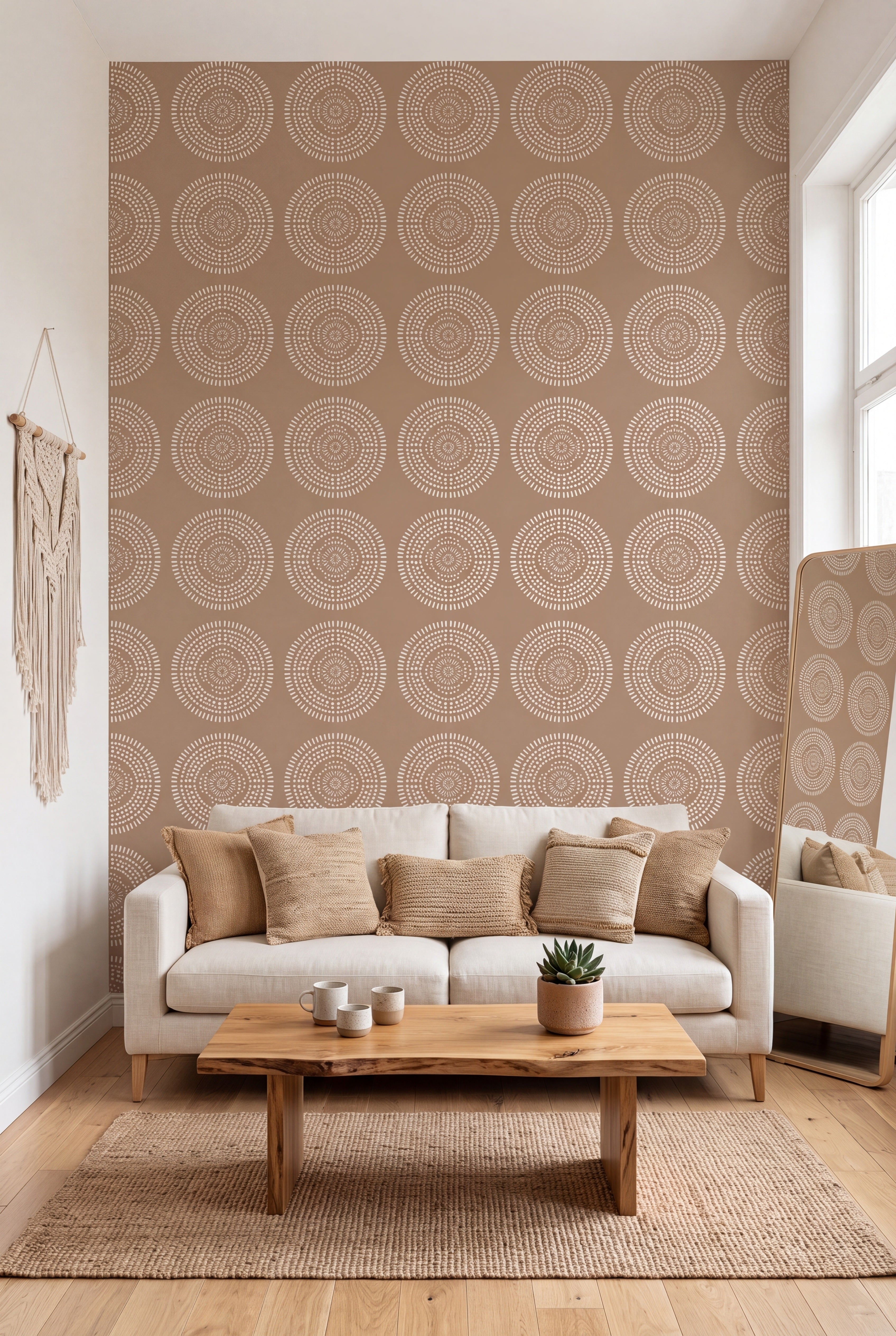 Mocha Mandala wallpaper shown in a living room