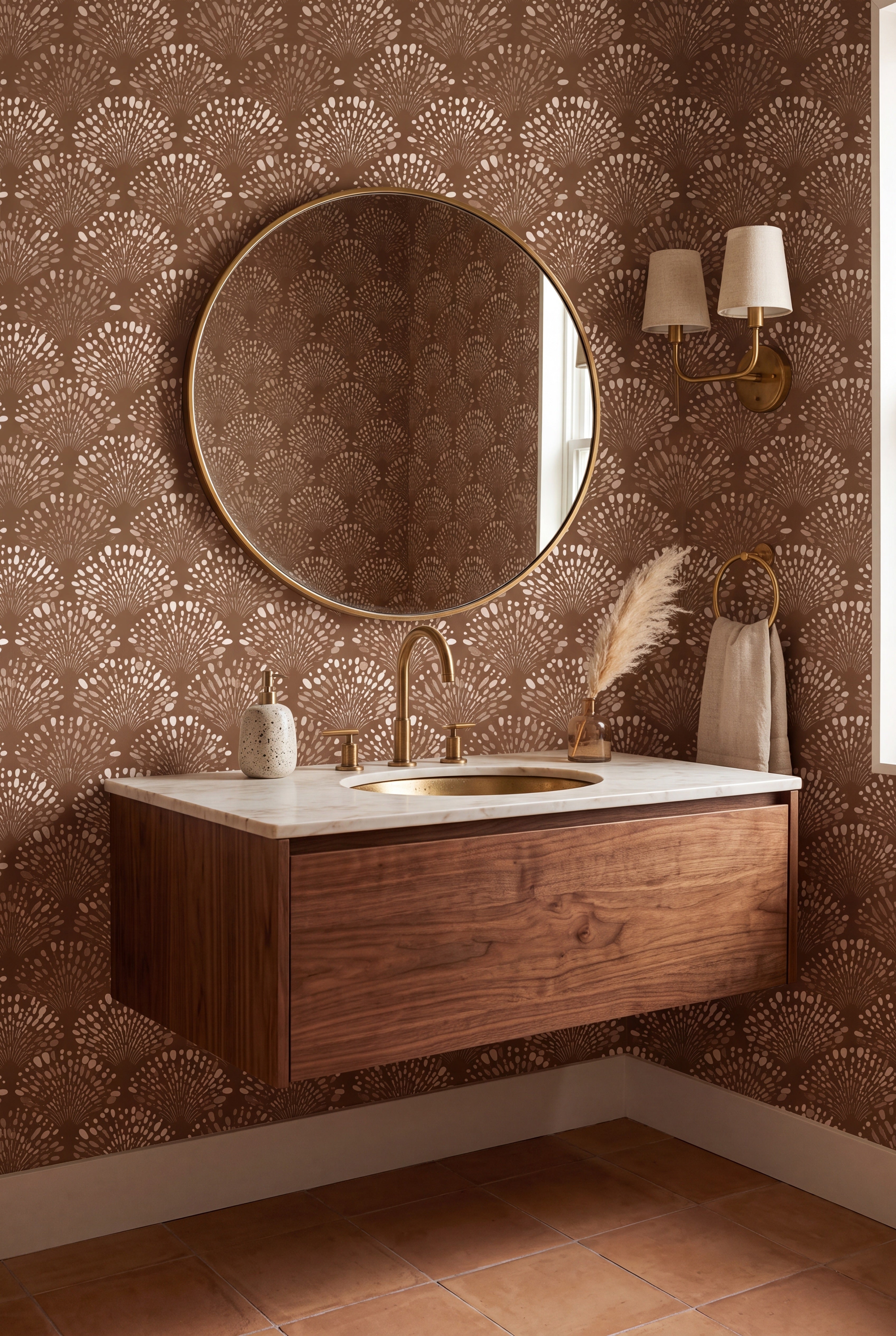 Desert Sunrise wallpaper shown in a powder room