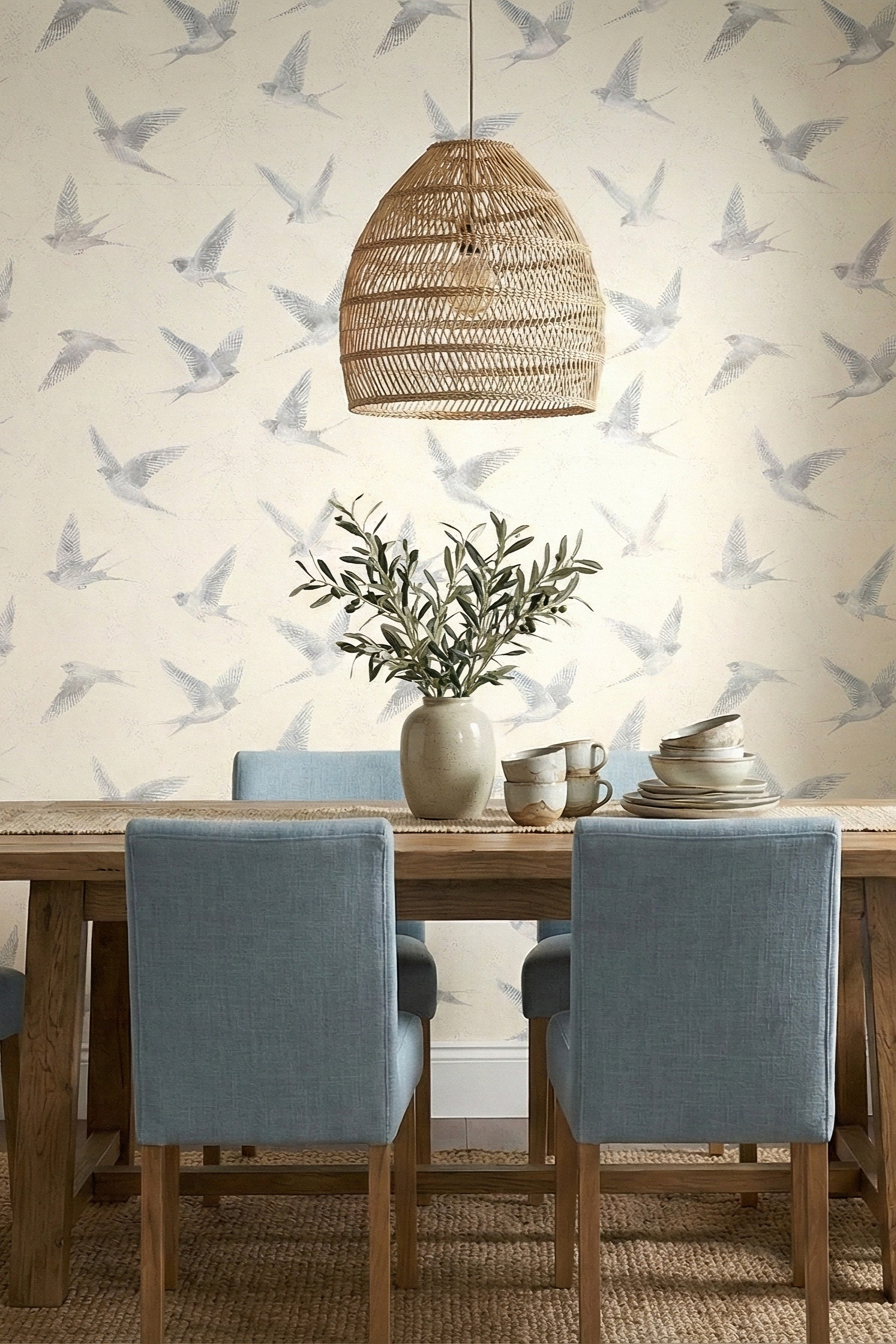Swallow Song wallpaper shown in a dining room
